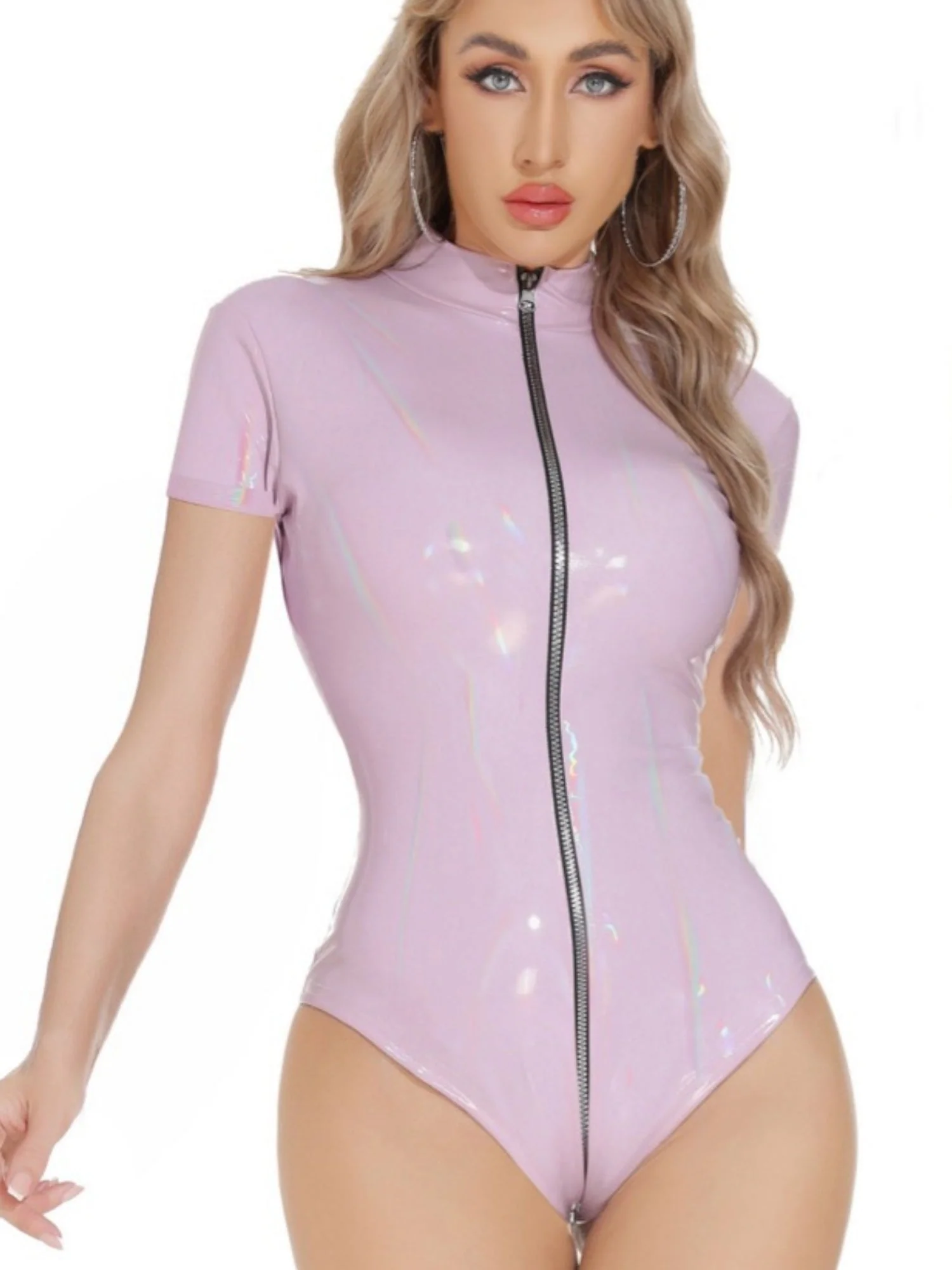 PU Leather Zipper Open Crotch Short Sleeves Bodysuits - Image 2
