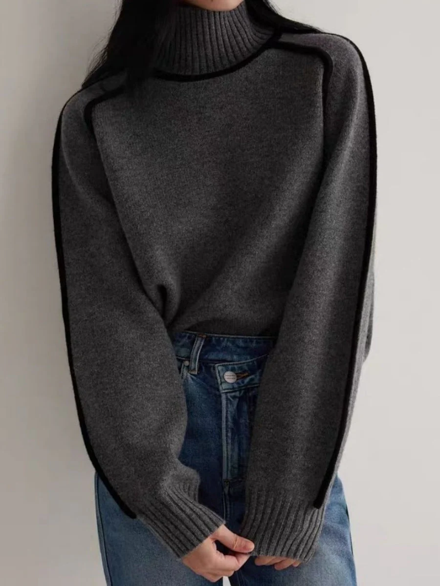 Color-blocked Stripes Splicing Half Turtleneck Sweaters - Image 10