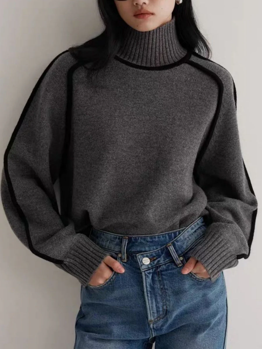 Color-blocked Stripes Splicing Half Turtleneck Sweaters - Image 11