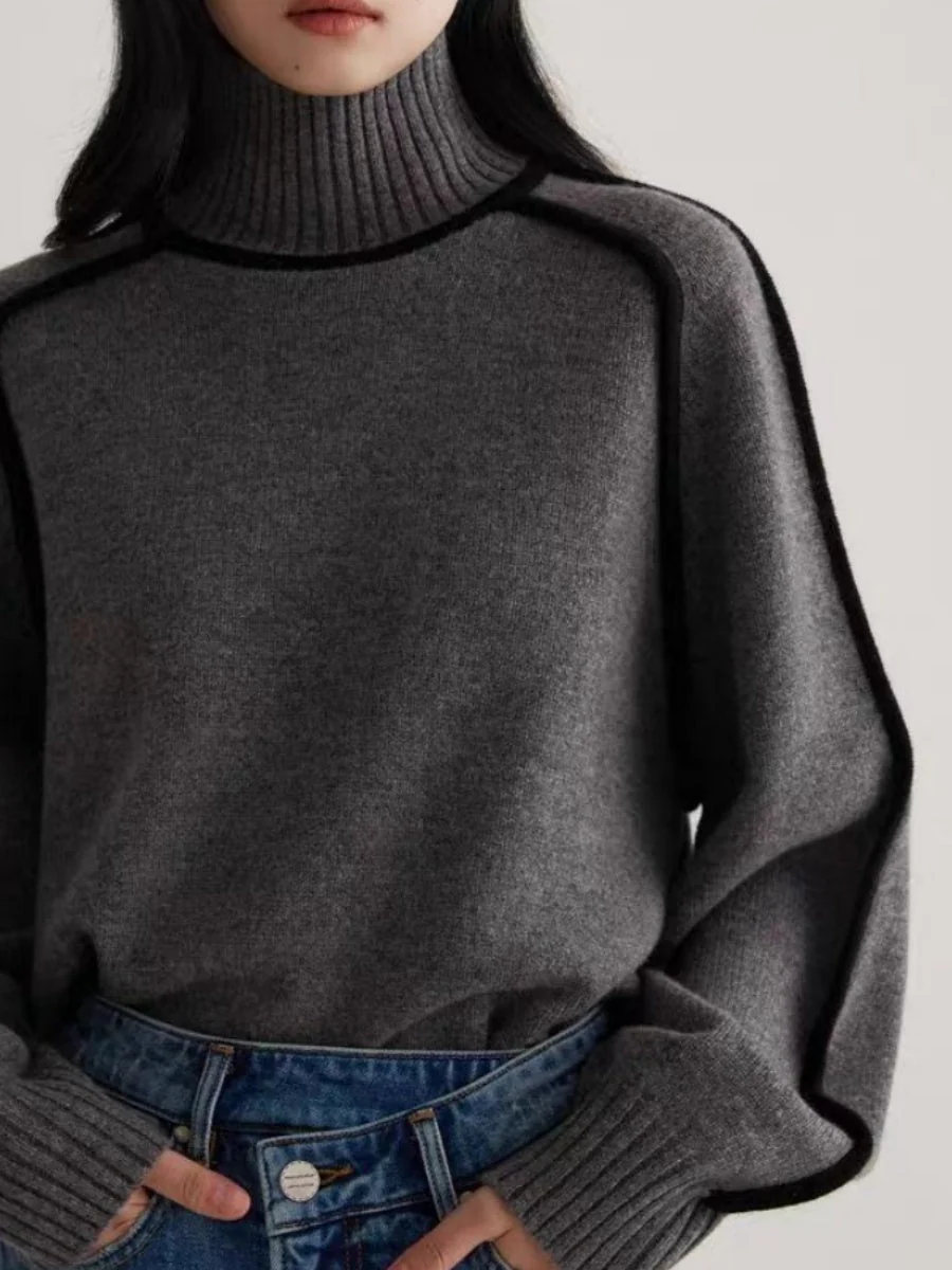 Color-blocked Stripes Splicing Half Turtleneck Sweaters - Image 12