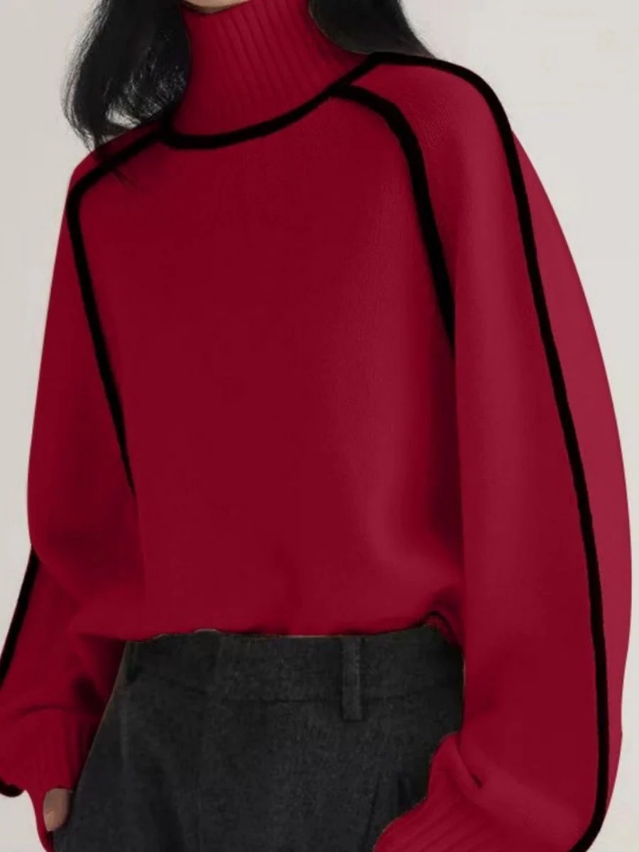 Color-blocked Stripes Splicing Half Turtleneck Sweaters - Image 13