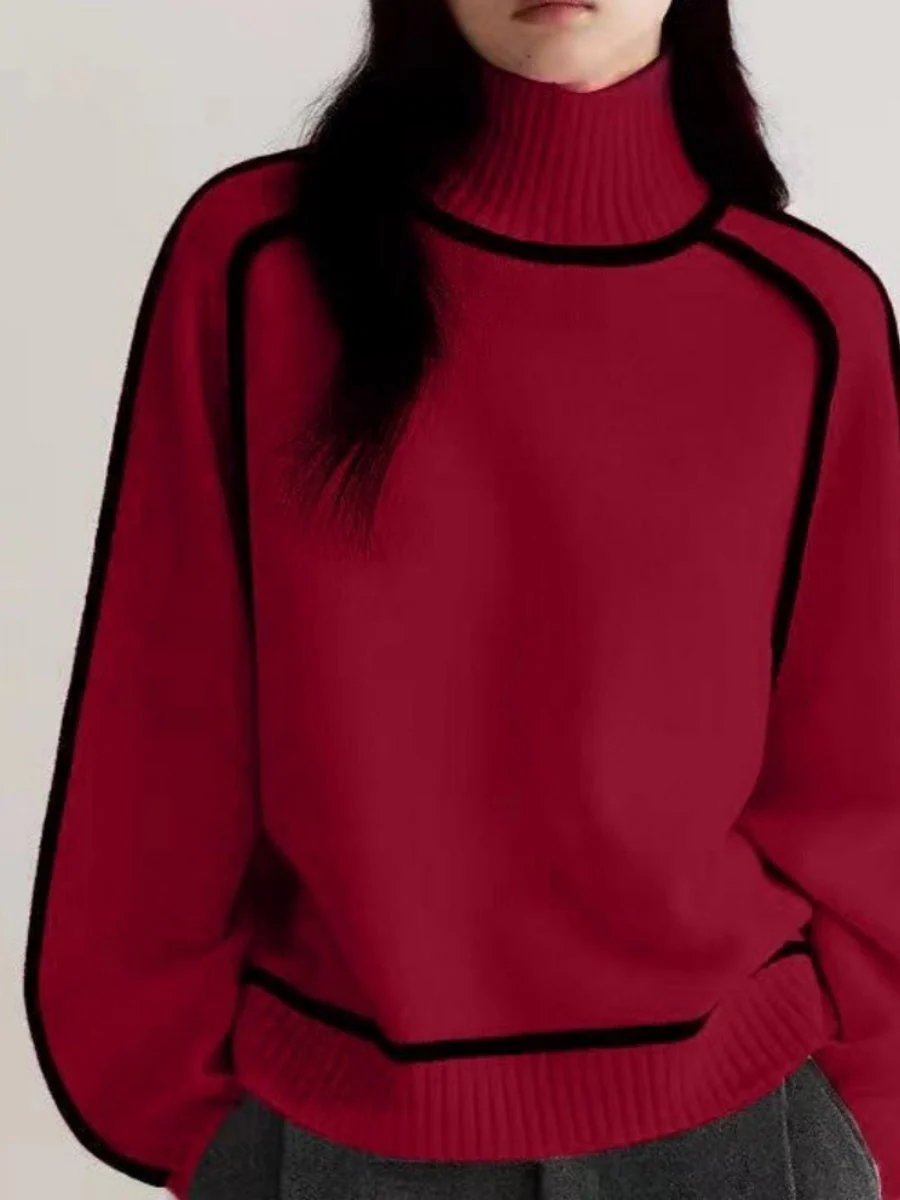 Color-blocked Stripes Splicing Half Turtleneck Sweaters - Image 14