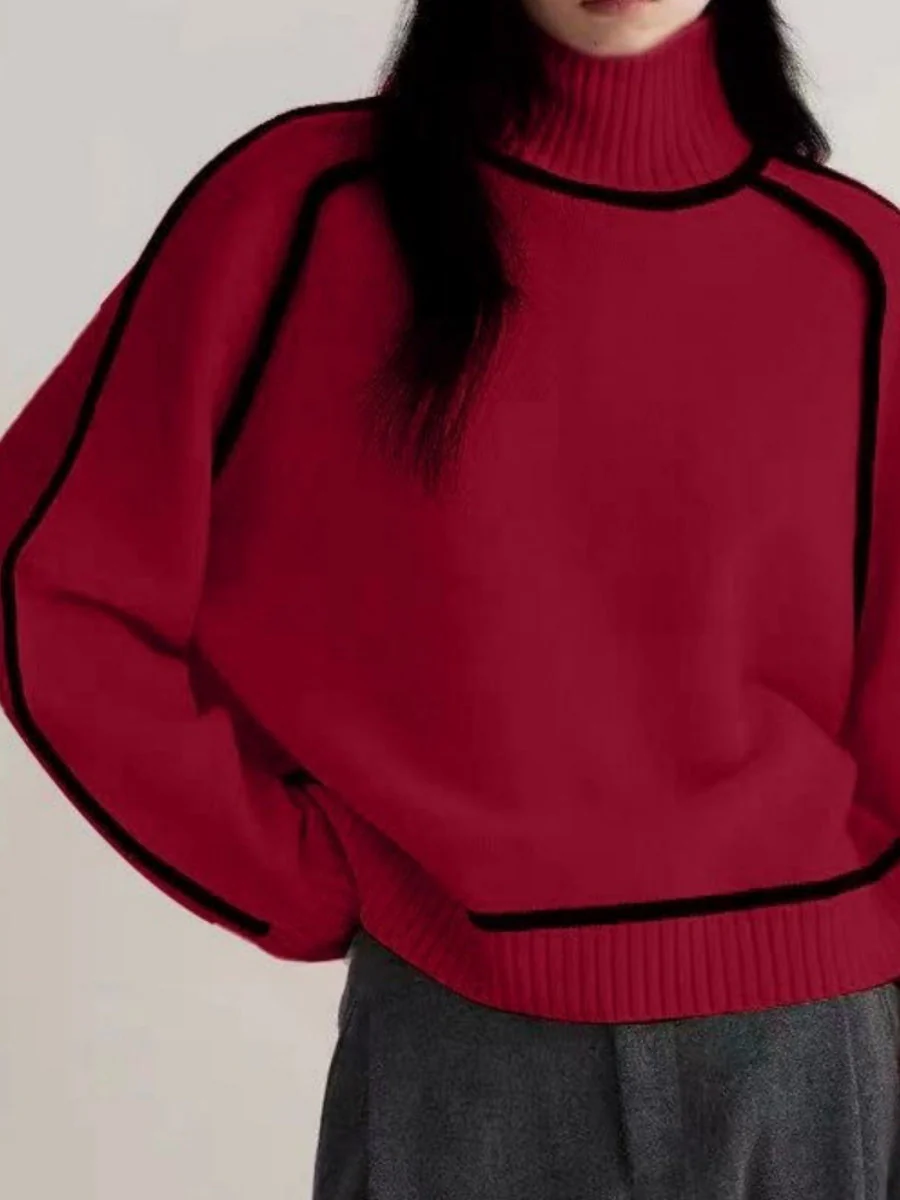 Color-blocked Stripes Splicing Half Turtleneck Sweaters - Image 15