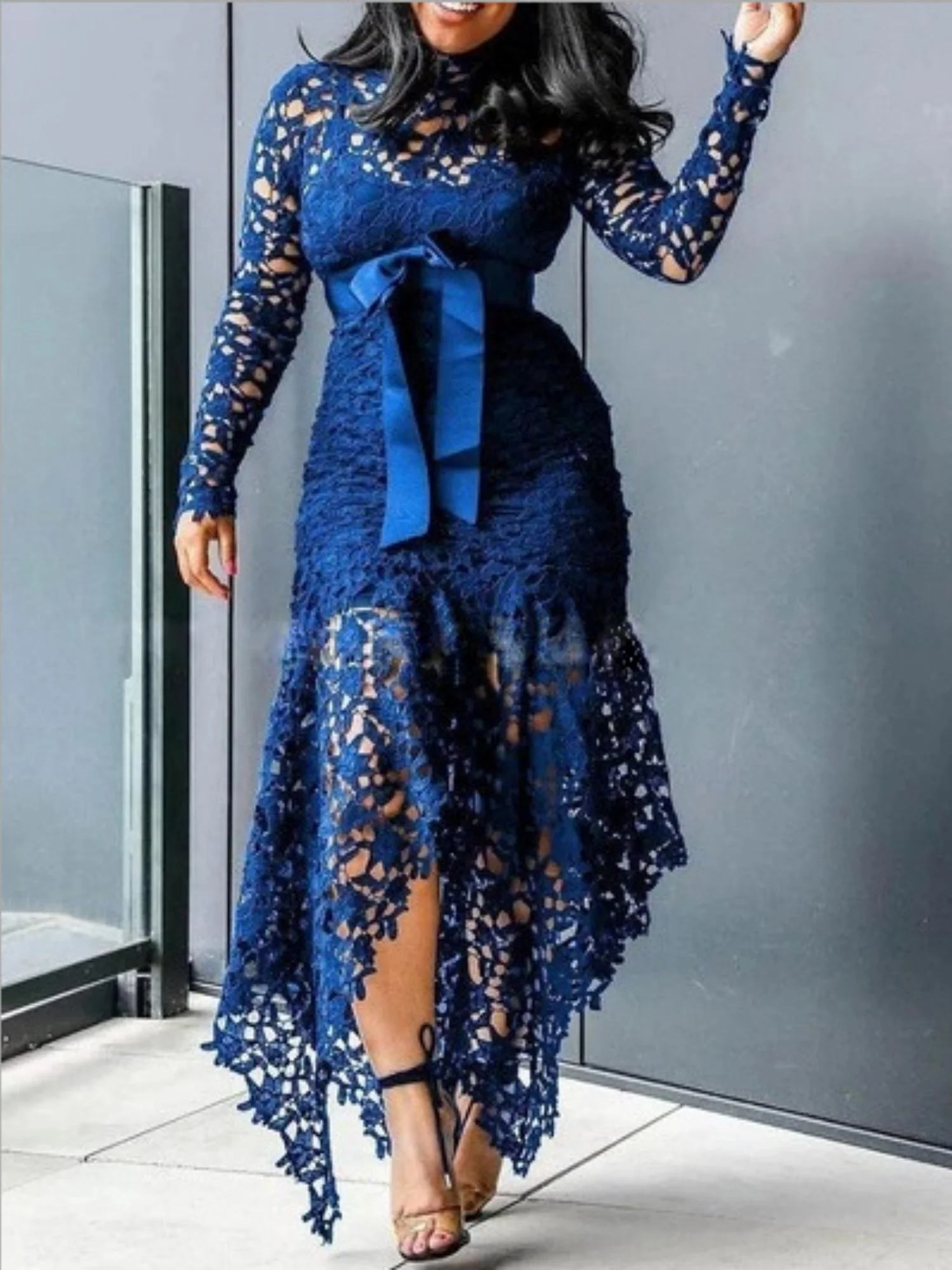 Lace Cutout Lace Up Stand-up Collar Long Sleeves Maxi Dresses - Image 5