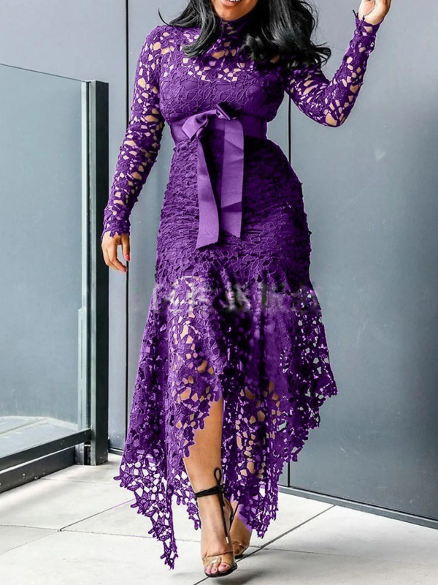 Lace Cutout Lace Up Stand-up Collar Long Sleeves Maxi Dresses - Image 7