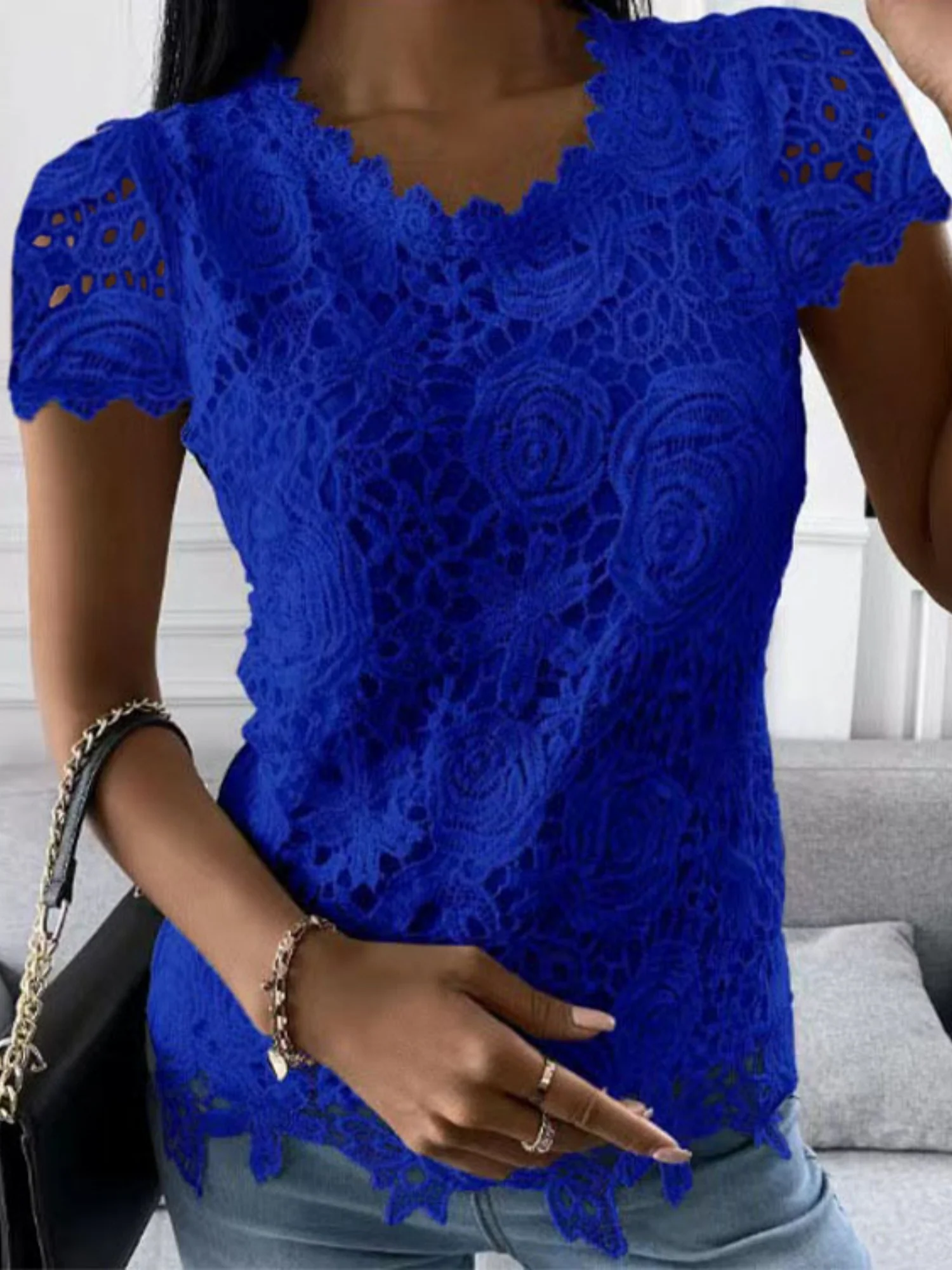 Lace Trim Crew Neck Short-sleeved T-shirt - Image 5