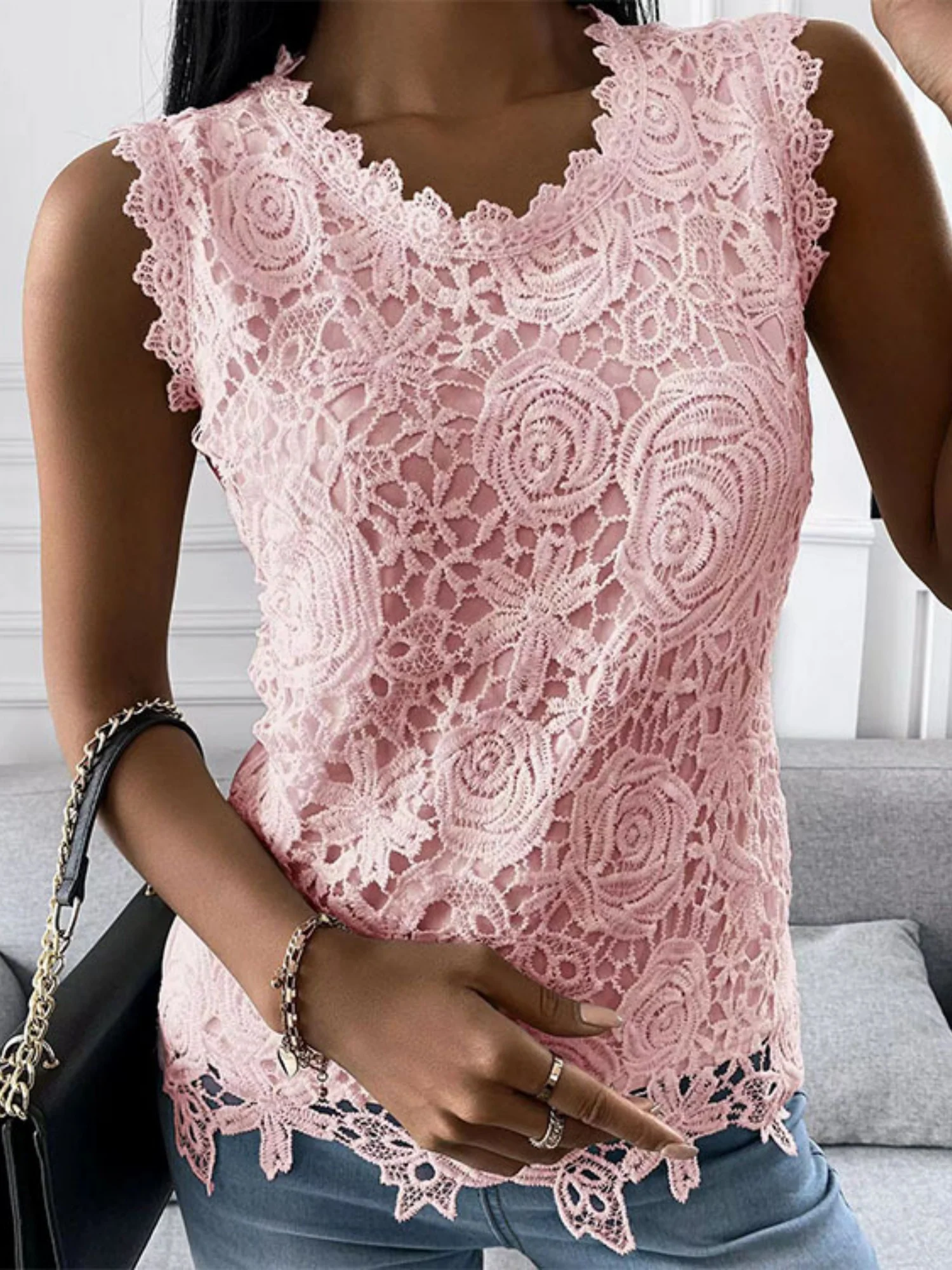 Lace Trim Crew Neck Tank Tops&Camis - Image 2