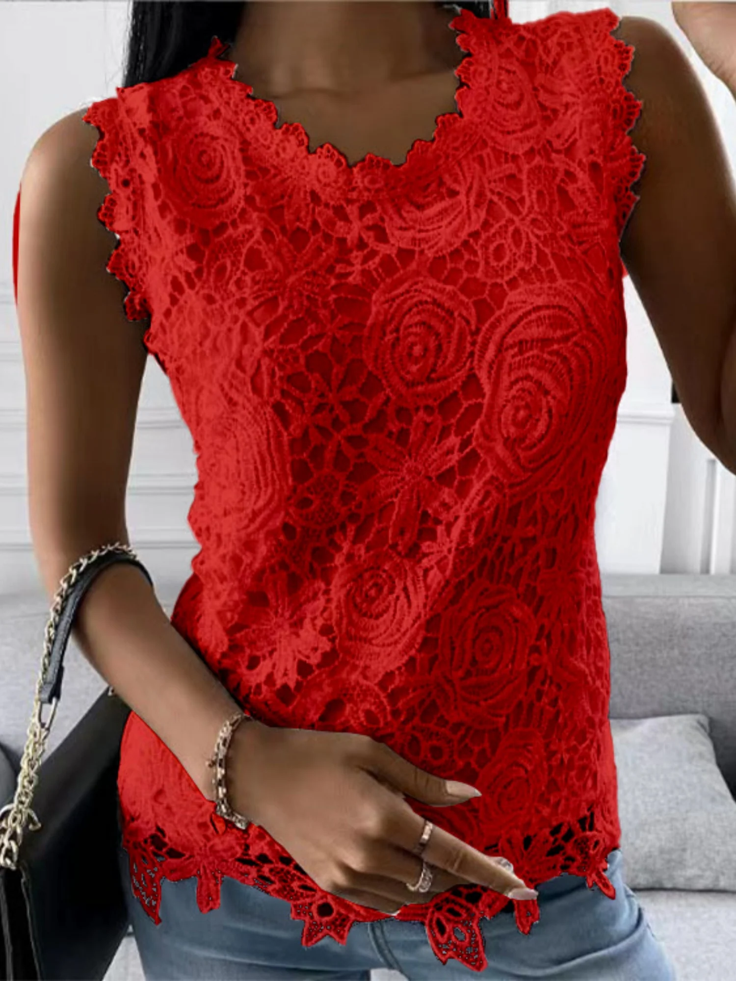 Lace Trim Crew Neck Tank Tops&Camis - Image 4