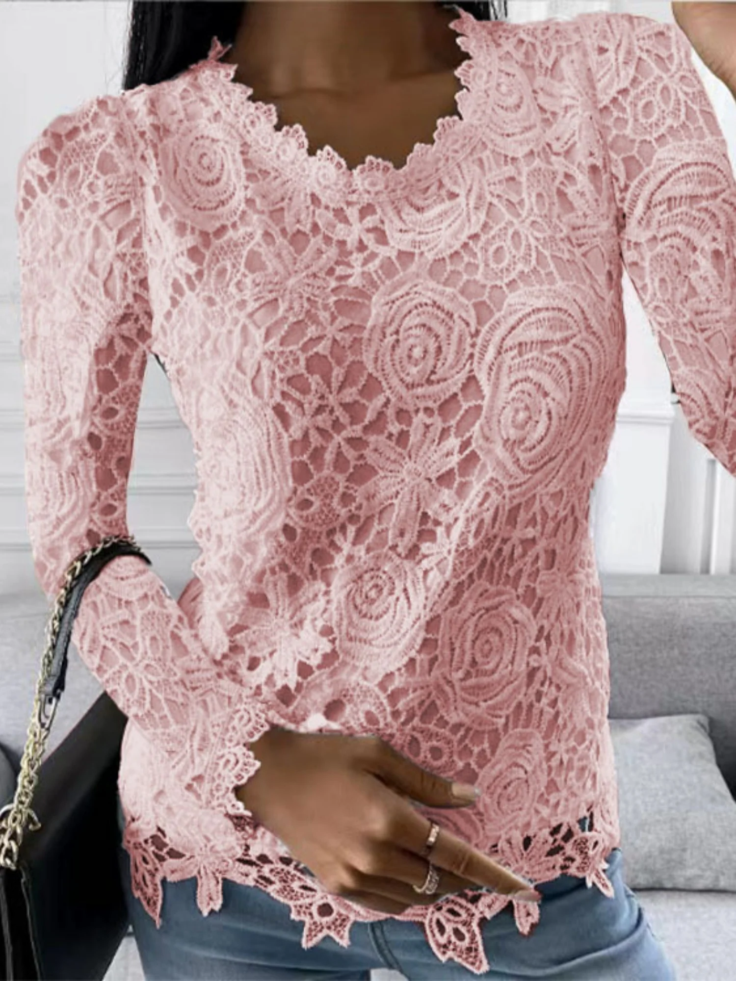 Lace Trim Crew Neck Long-sleeved T-shirt - Image 2