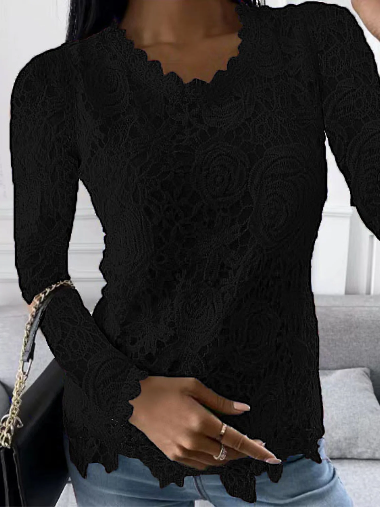 Lace Trim Crew Neck Long-sleeved T-shirt - Image 3