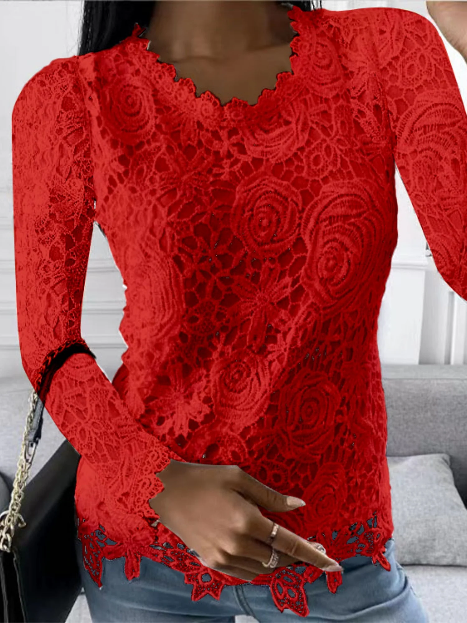 Lace Trim Crew Neck Long-sleeved T-shirt - Image 4