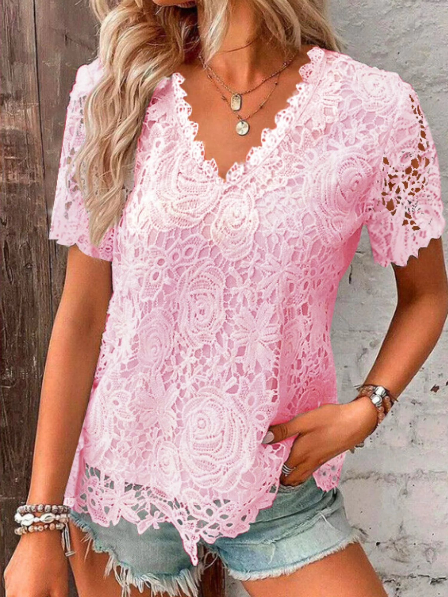 Lace Trim V-neck Short-sleeved T-shirt