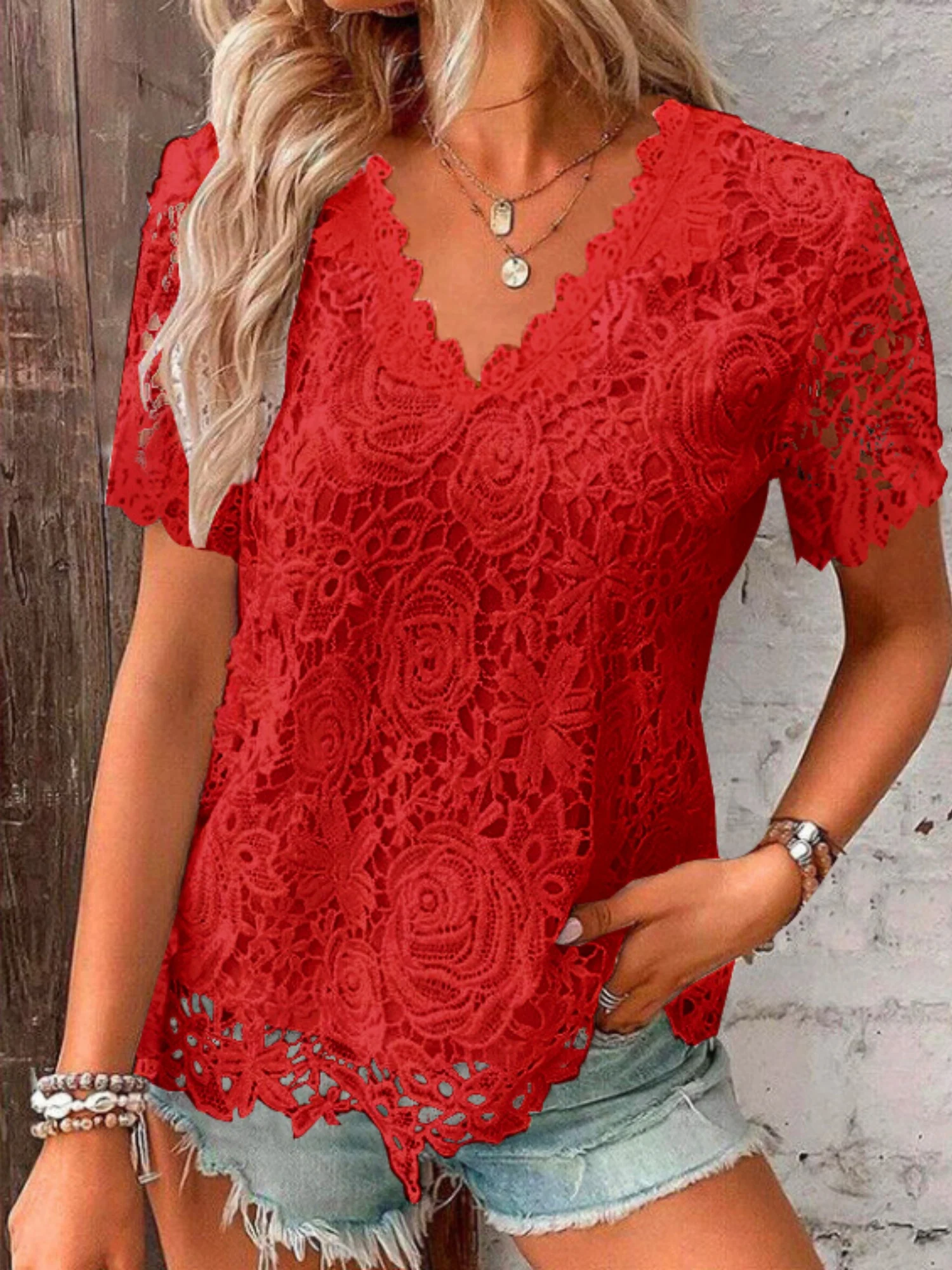 Lace Trim V-neck Short-sleeved T-shirt - Image 4