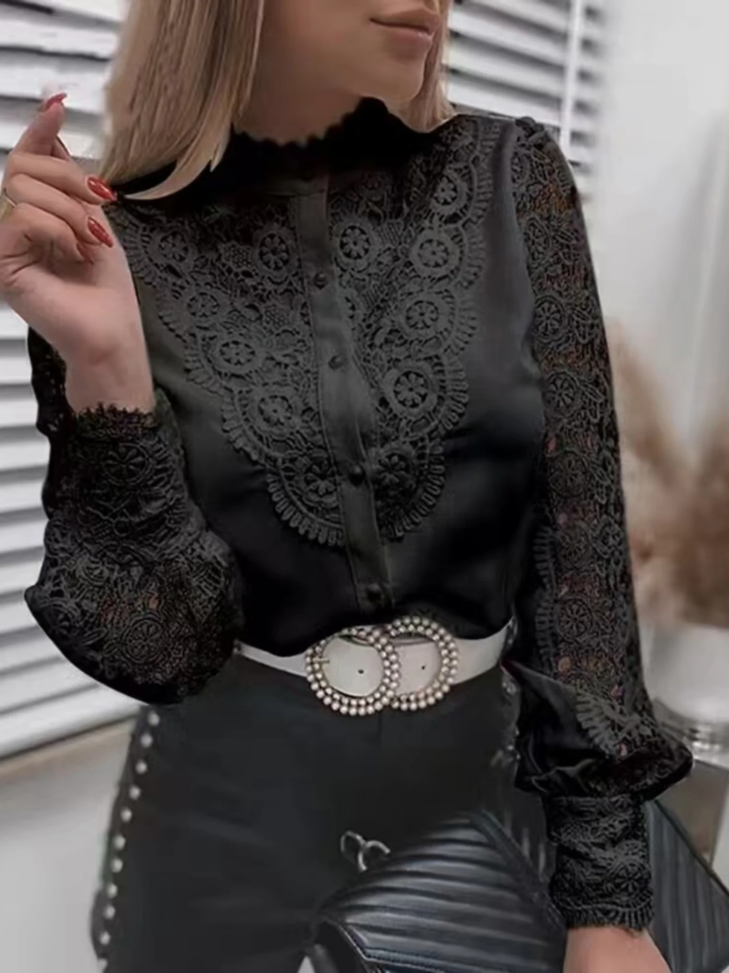 Lace Cutout Patchwork Lace Buttons Long-sleeved Cardigan Shirt - Image 7