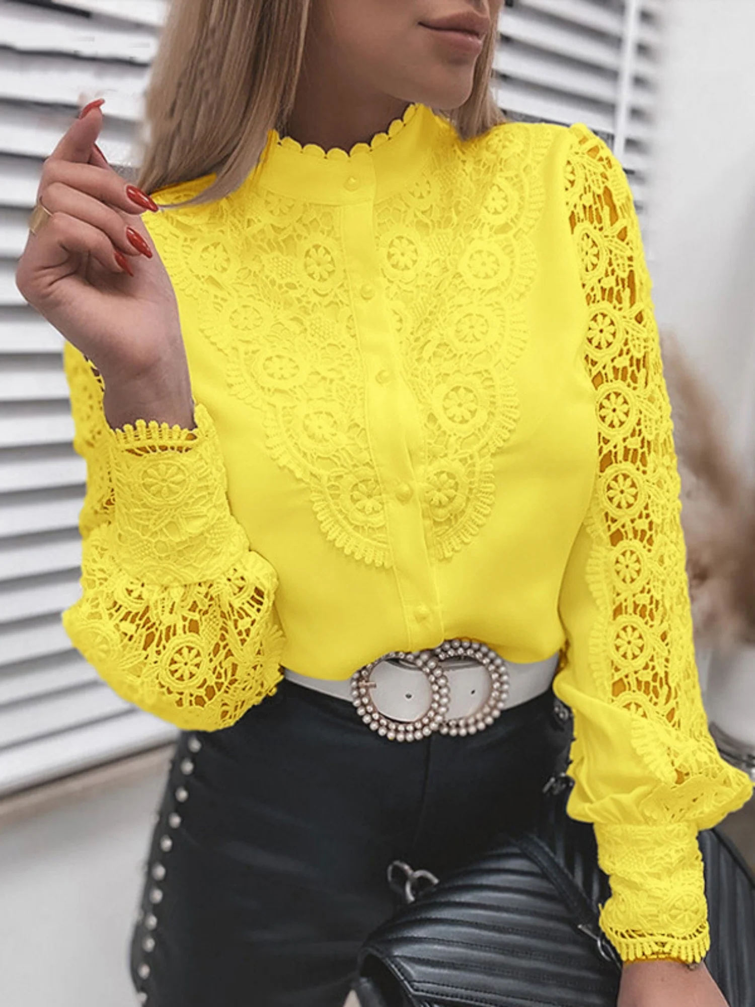 Lace Cutout Patchwork Lace Buttons Long-sleeved Cardigan Shirt - Image 8