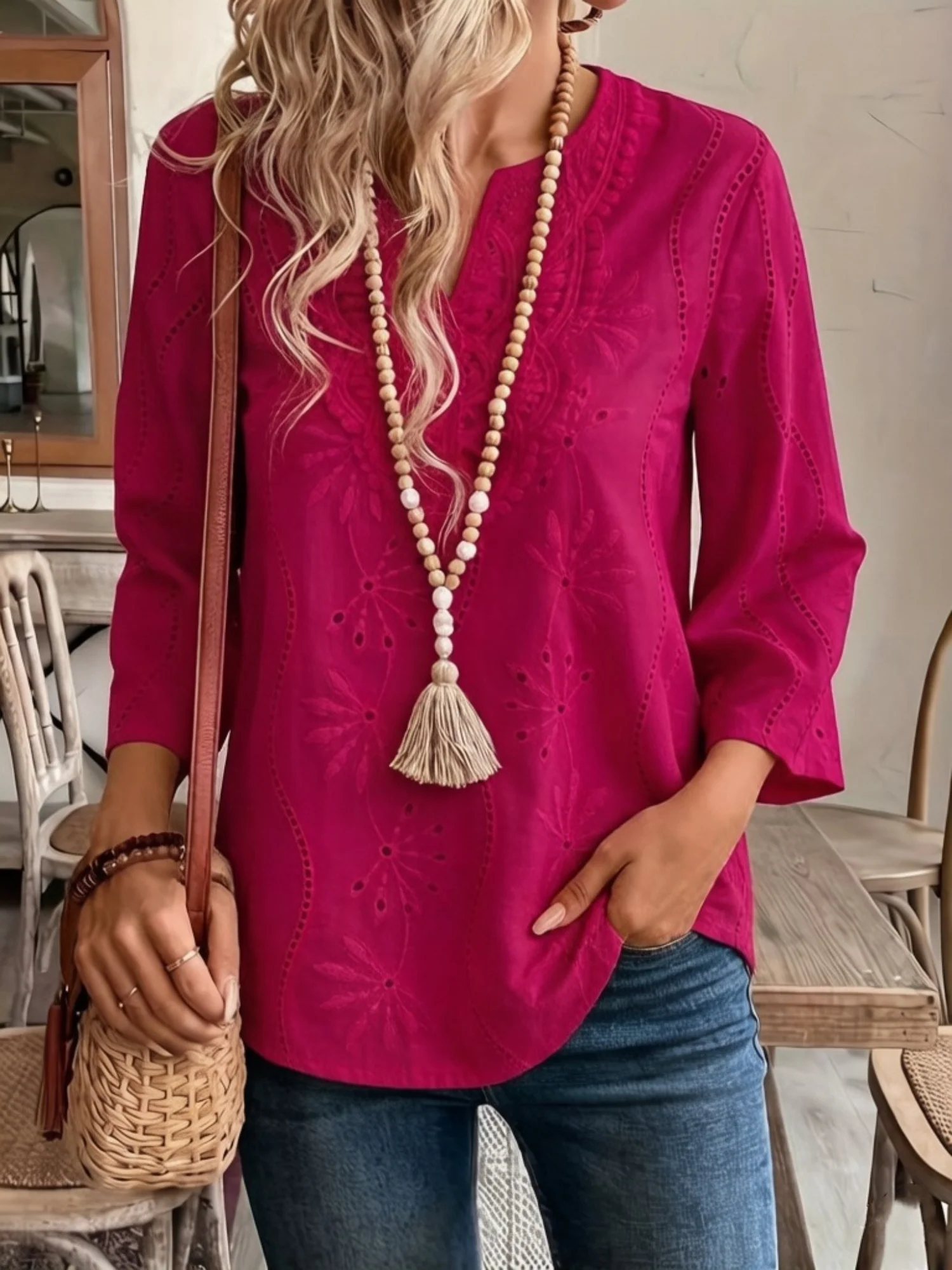 Lace Cutout Chiffon Embroidery V-neck Flare Sleeve Long-sleeved T-shirt - Image 4