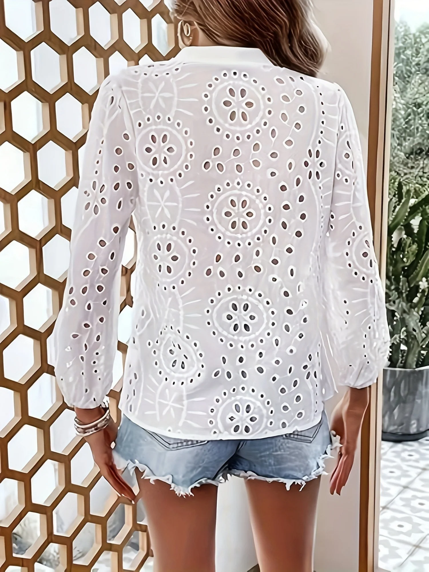 Lace Cutout V-neck Buttons Long-sleeved Shirt - Image 2