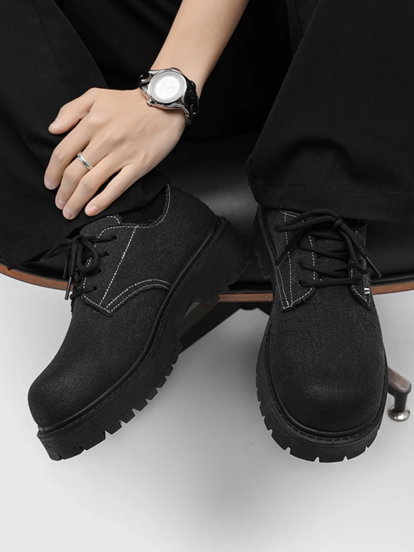 Black Canvas Chunky Sole Derby Shoes - Image 3