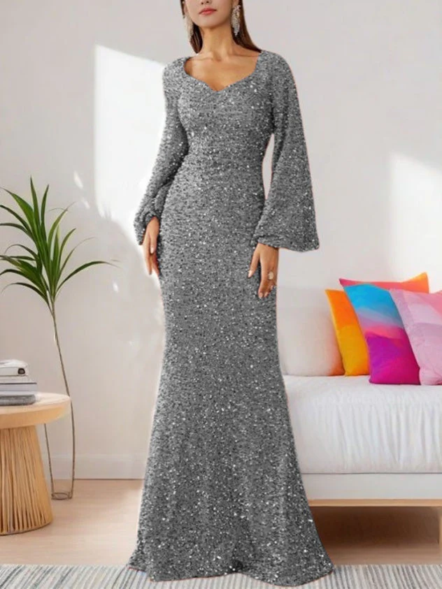 V-neck, Bodycon Sequined Mid-waist, Flared Sleeve Long Dress - Image 3