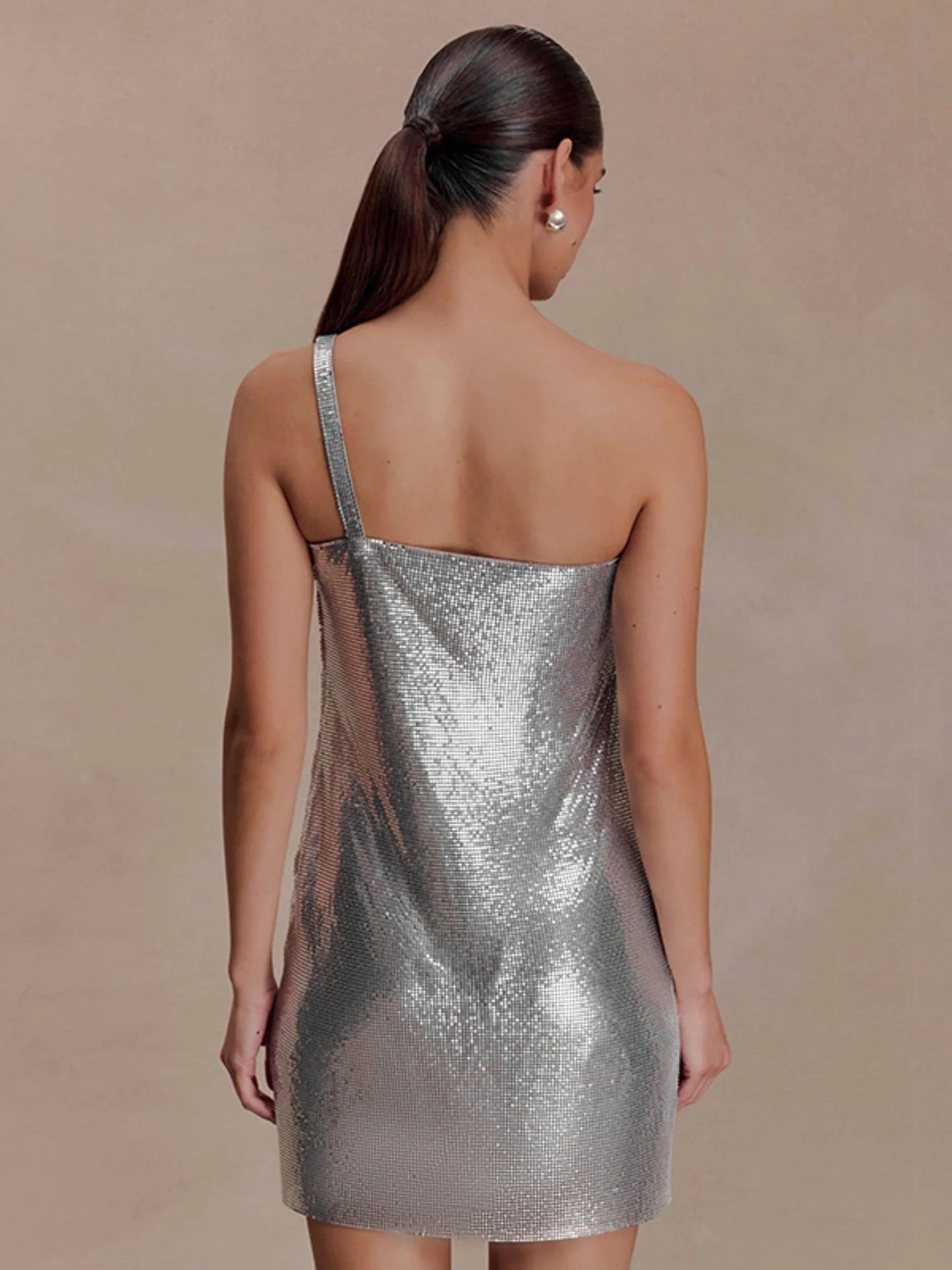 Gathering Glossy Asymmetrical Neckline, One Shoulder Sleeveless Mini&Short Dresses - Image 2