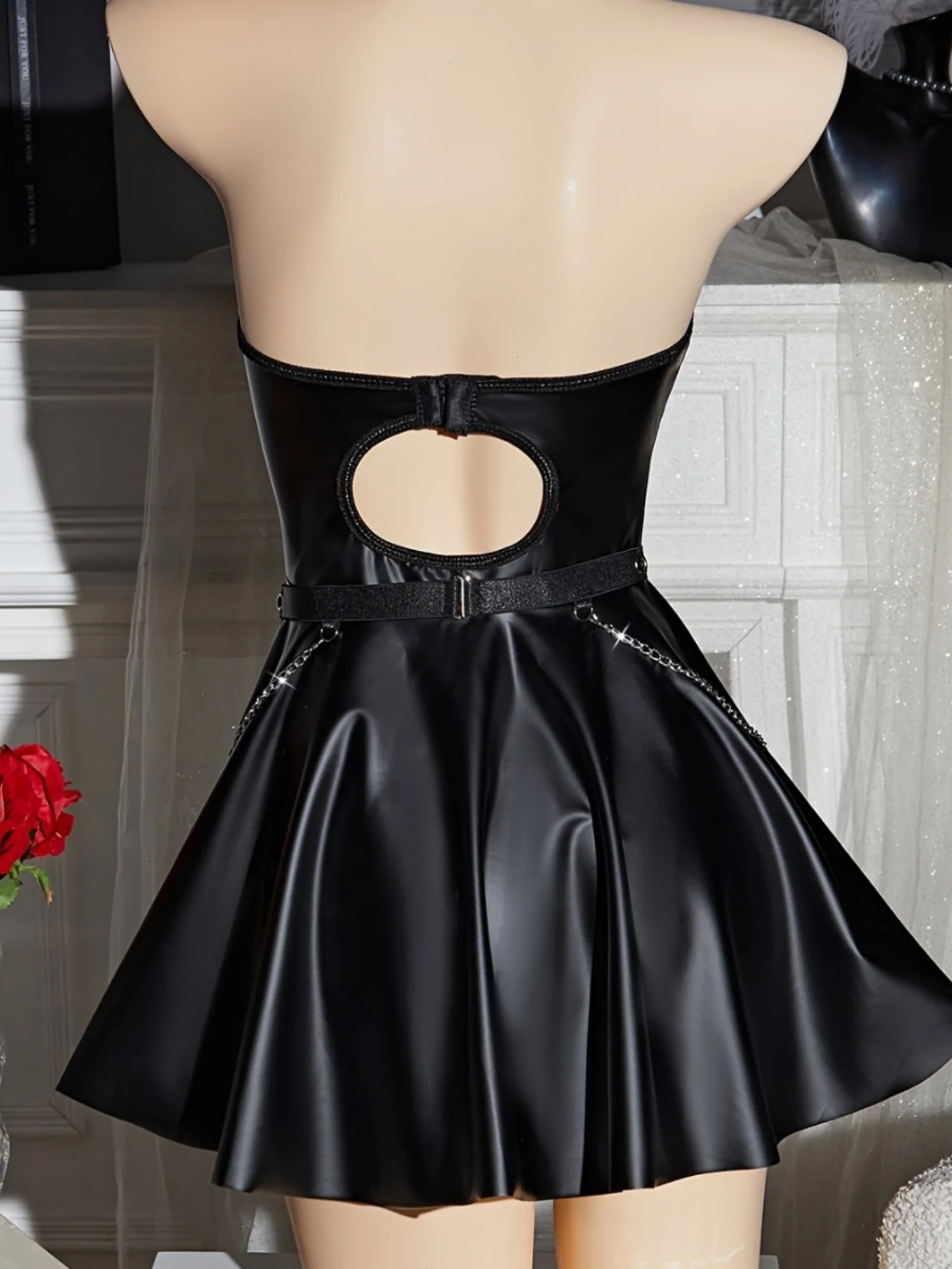 Patent Leather Hollowed-out Halter Neck Backless Chain Mini&Short Dresses - Image 2