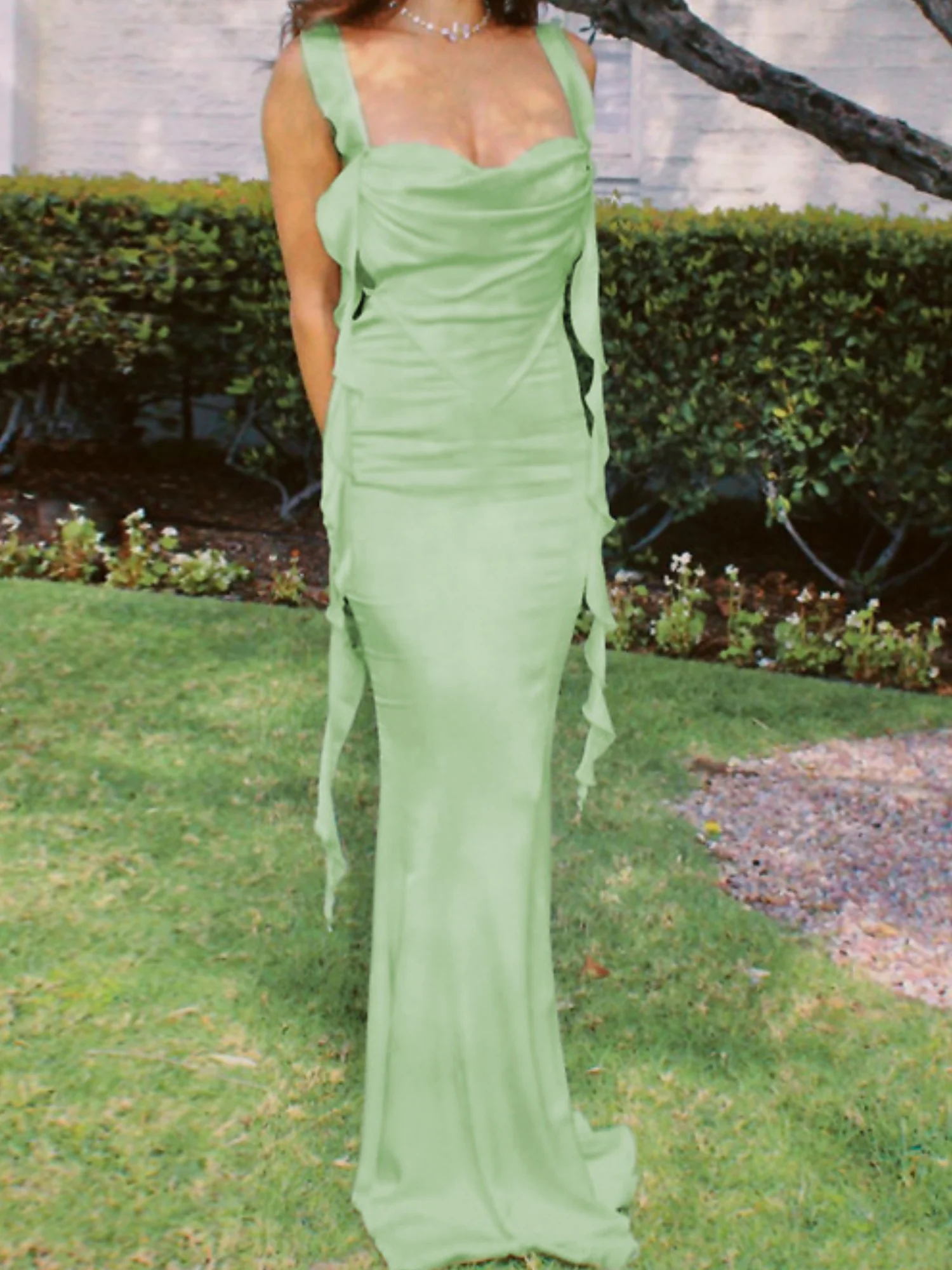 Satin Ruffled Ribbons Backless Maxi Dresses - Image 4