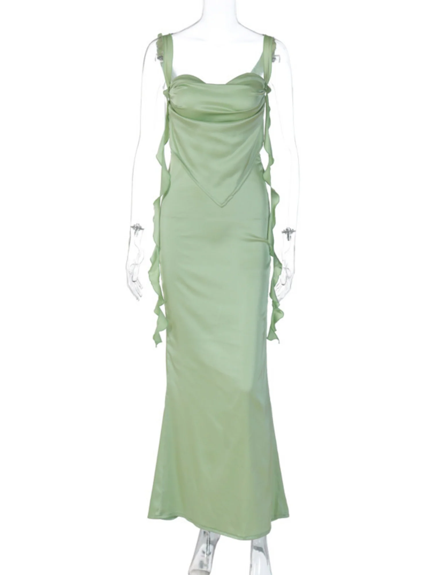 Satin Ruffled Ribbons Backless Maxi Dresses - Image 5