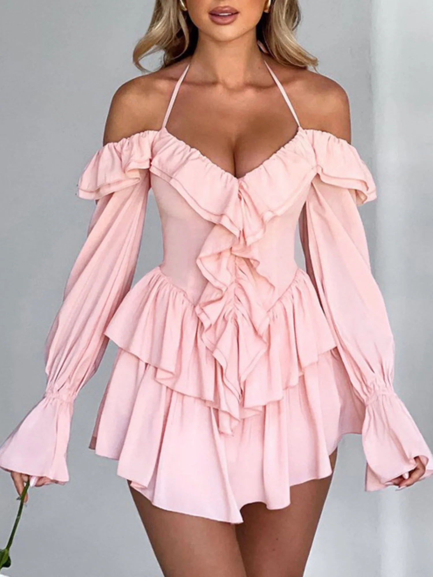 Ruffle Halter Neck Low-cut Flare Sleeve Sweet Mini&Short Dresses