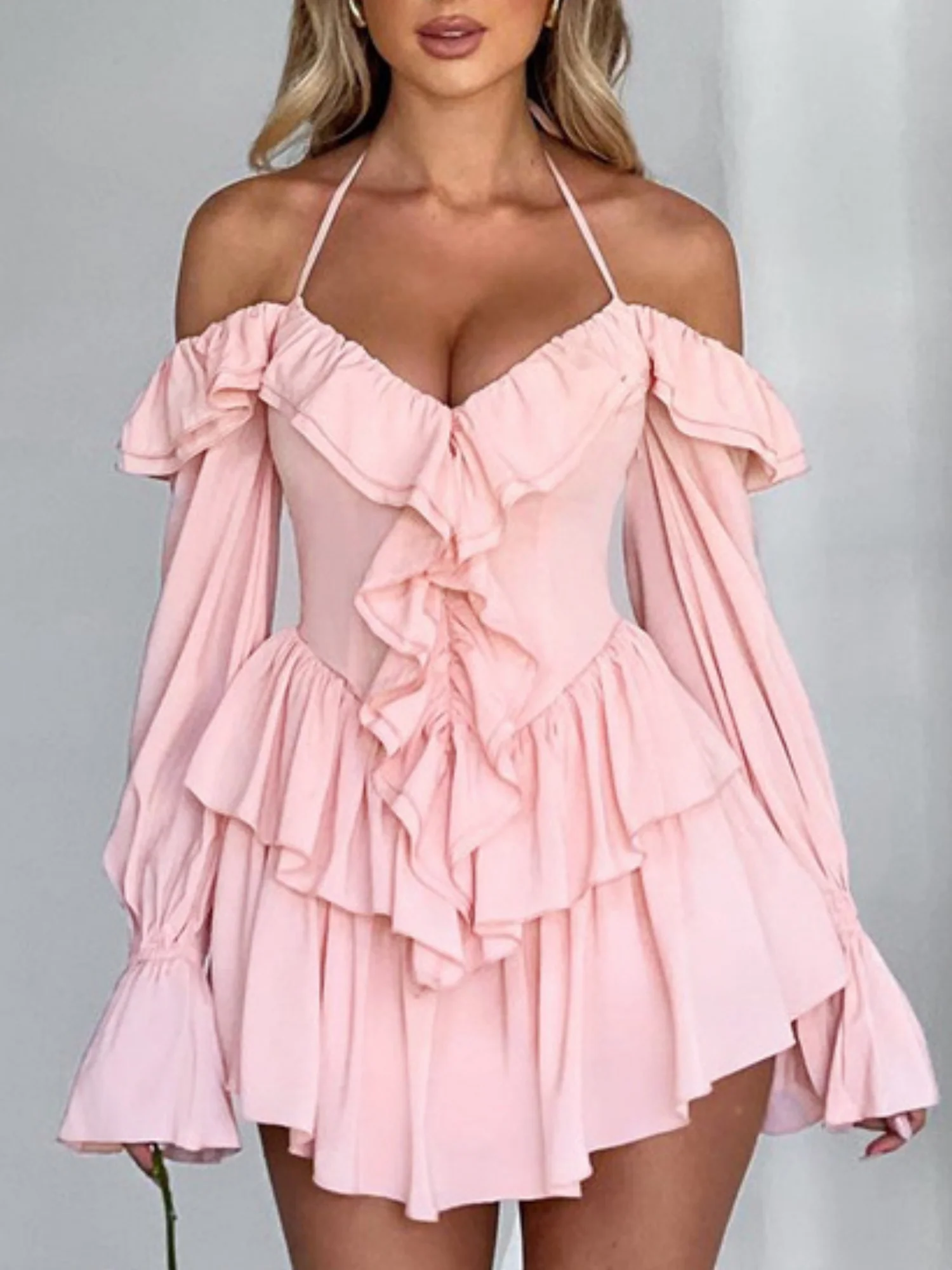 Ruffle Halter Neck Low-cut Flare Sleeve Sweet Mini&Short Dresses - Image 3