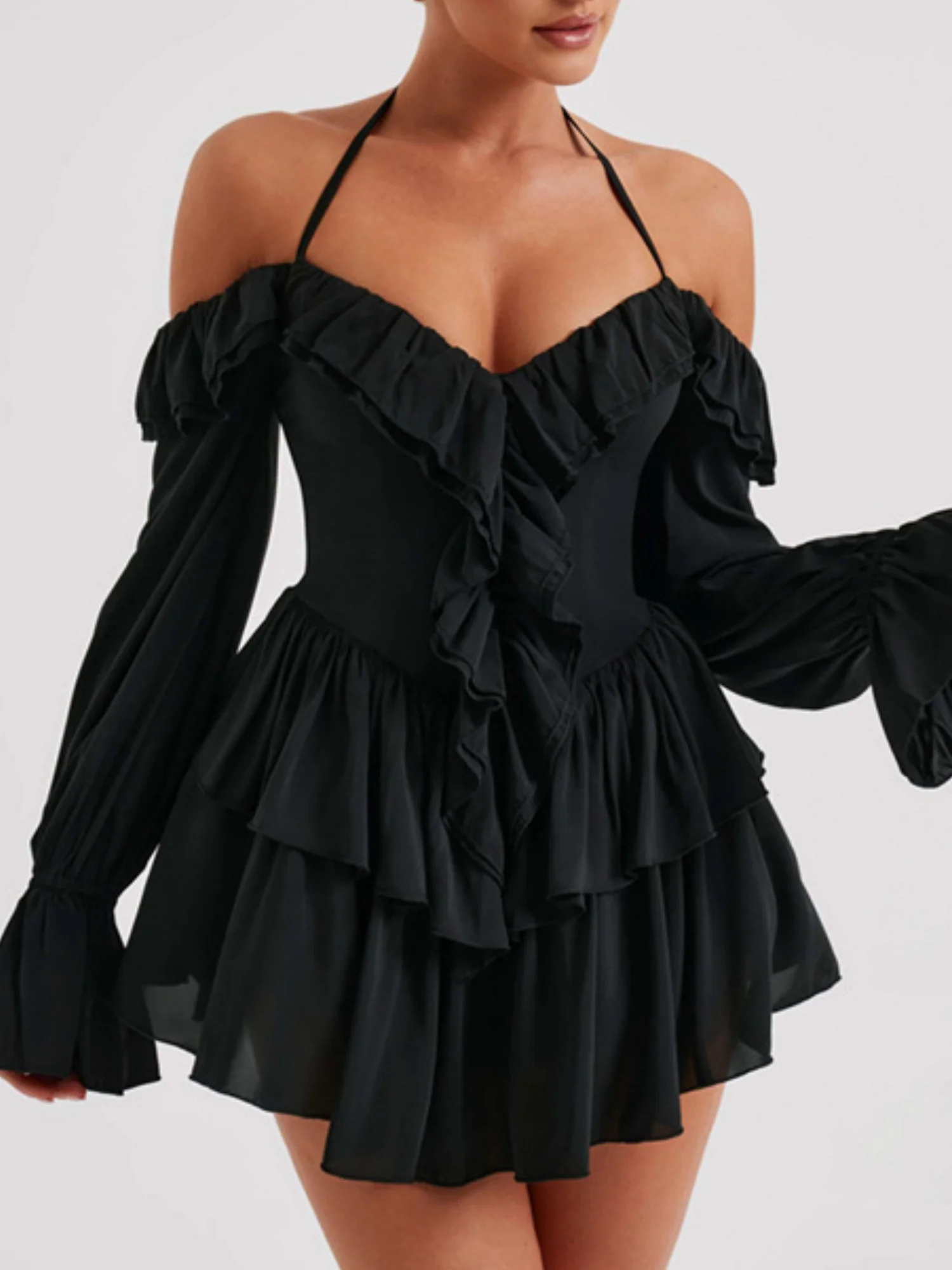 Ruffle Halter Neck Low-cut Flare Sleeve Sweet Mini&Short Dresses - Image 4