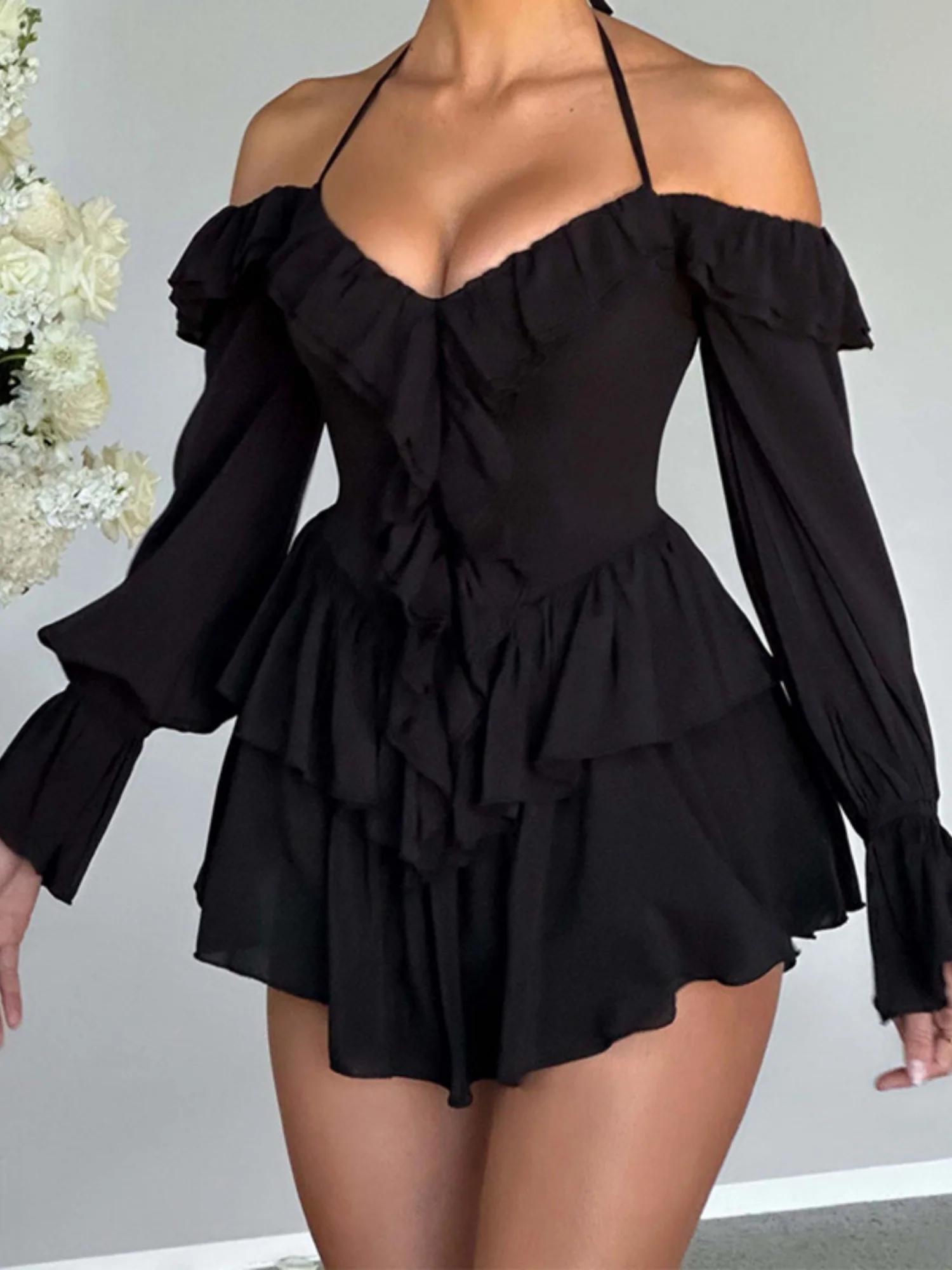 Ruffle Halter Neck Low-cut Flare Sleeve Sweet Mini&Short Dresses - Image 6