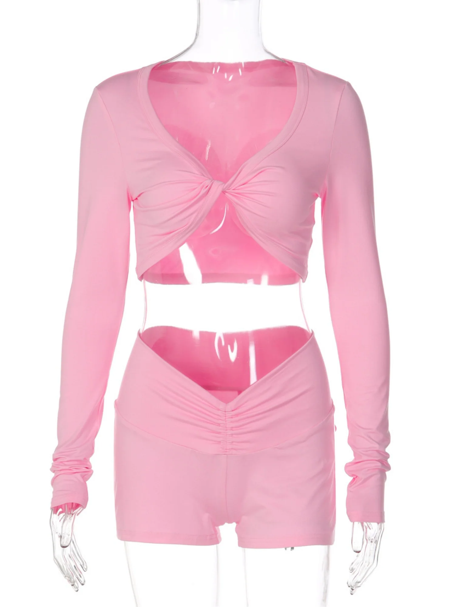 Knotted Long-sleeved Top Tight Shorts Exercise And Fitness 2-piece Sets - Image 5