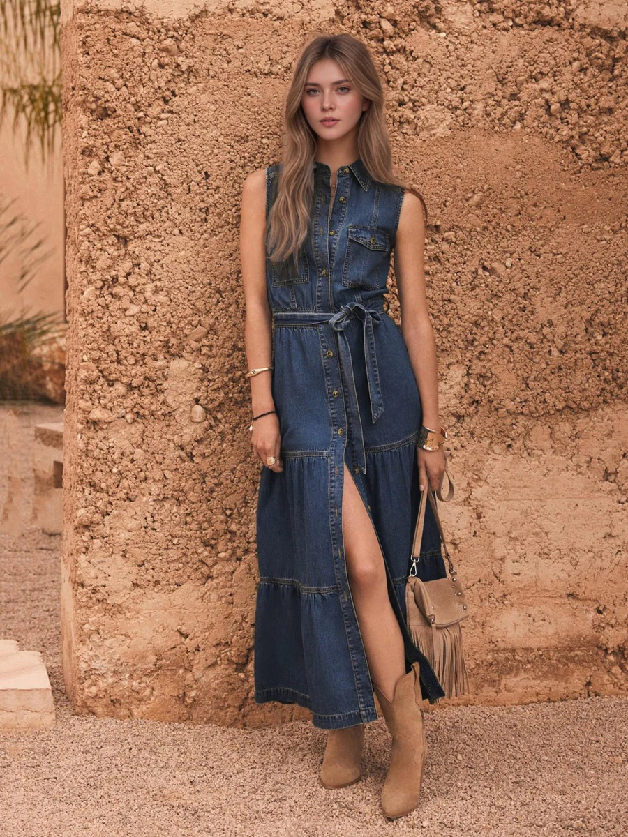 Lace Up Denim Buttons Temperament Maxi Dresses - Image 2