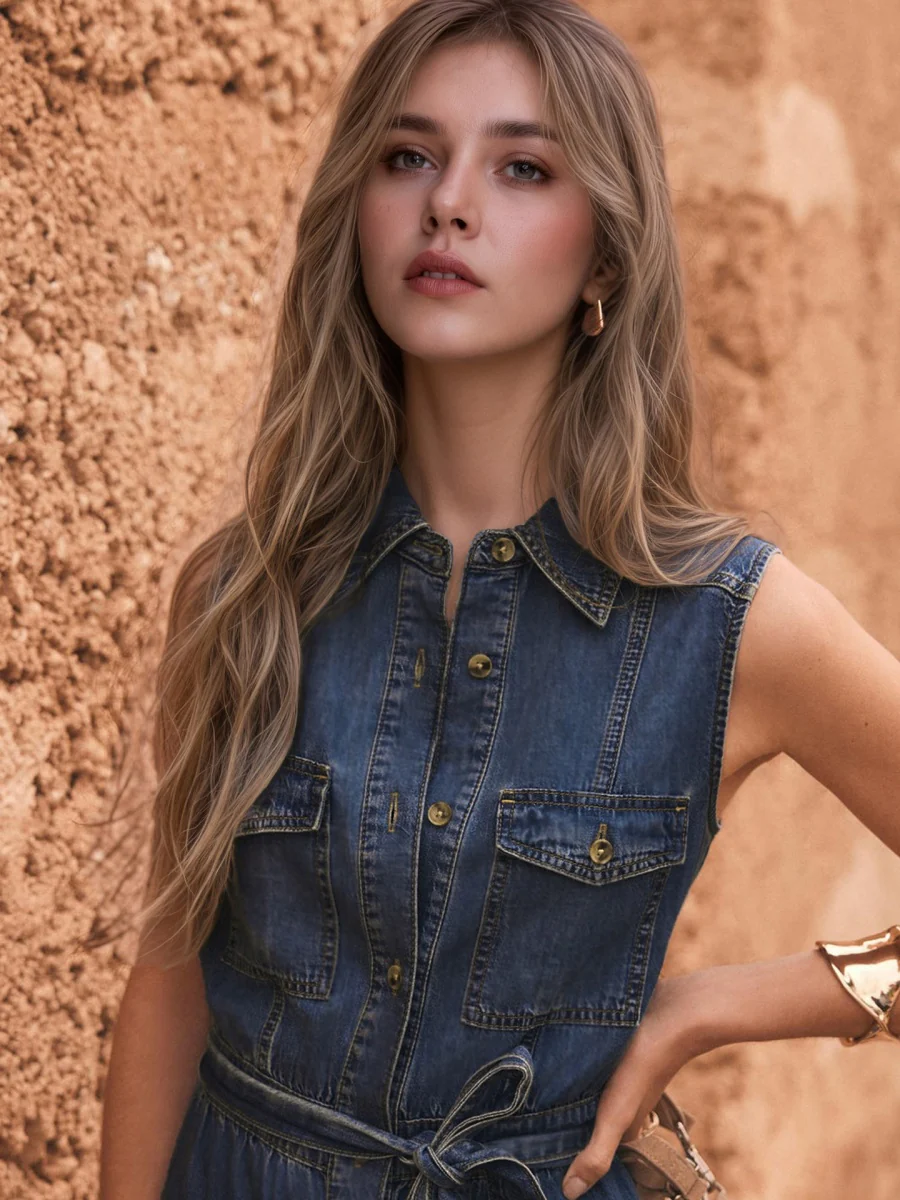 Lace Up Denim Buttons Temperament Maxi Dresses - Image 4