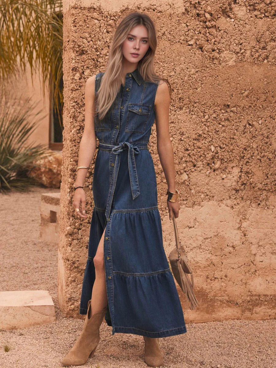 Lace Up Denim Buttons Temperament Maxi Dresses - Image 5