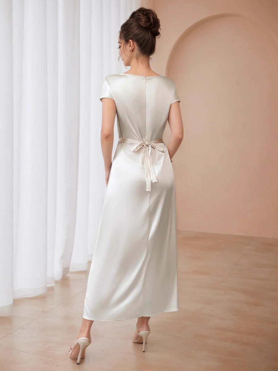 Satin Slim-fit Off Shoulder Lace Up Midi Dresses - Image 2