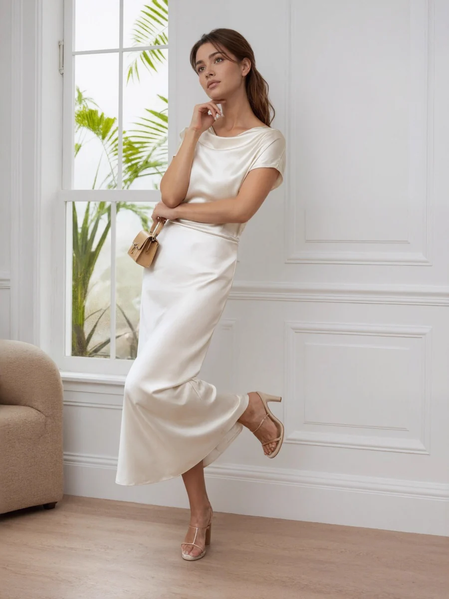 Satin Slim-fit Off Shoulder Lace Up Midi Dresses - Image 3
