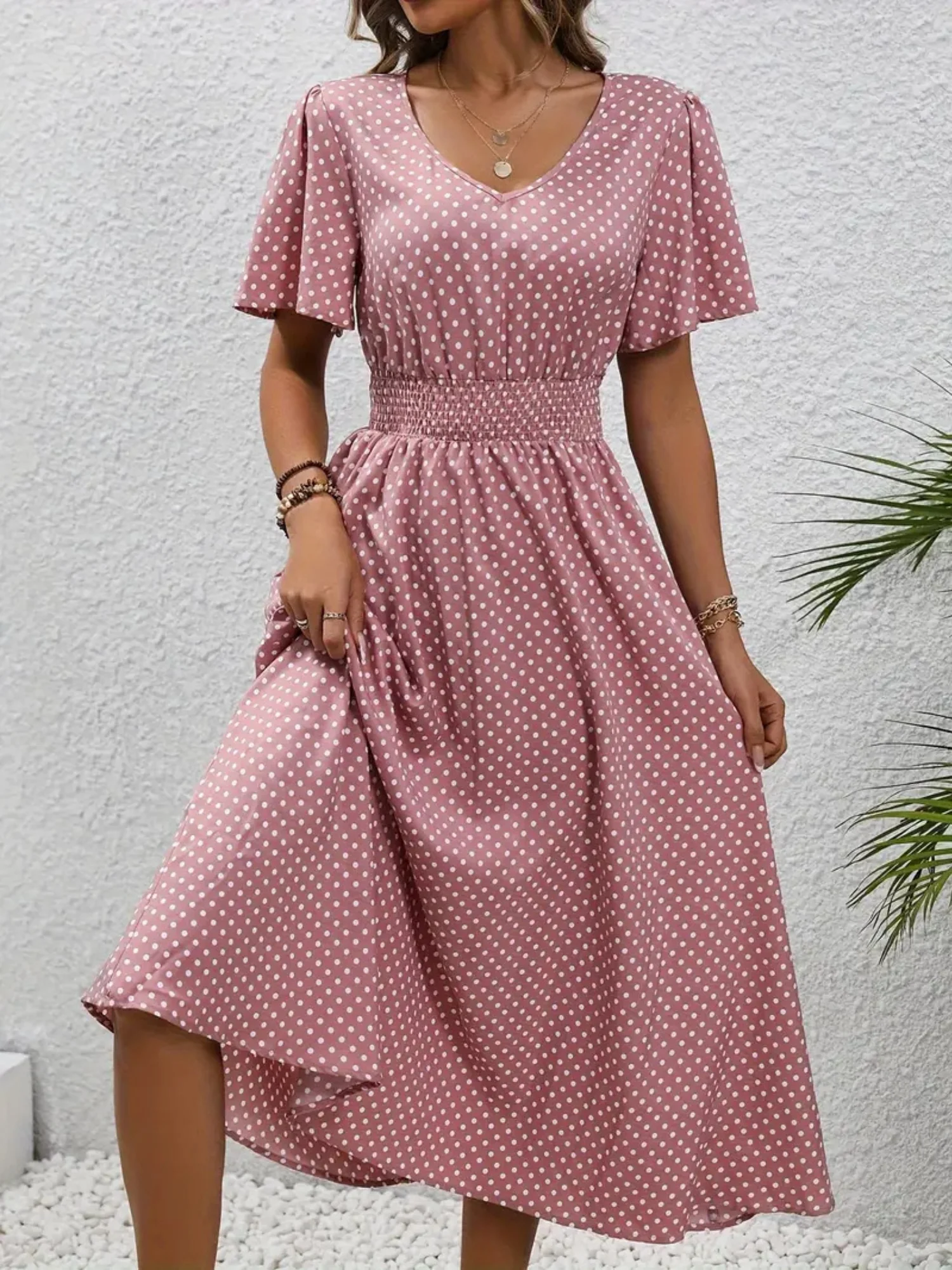 Polka Dots V-neck Waist Shaping Short Sleeves Maxi Dresses - Image 2