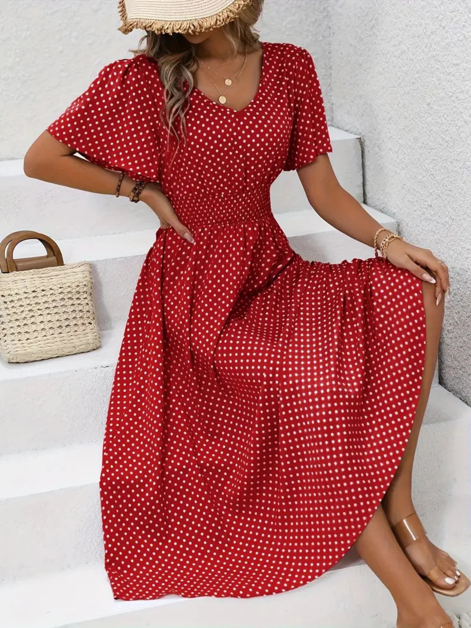 Polka Dots V-neck Waist Shaping Short Sleeves Maxi Dresses - Image 3