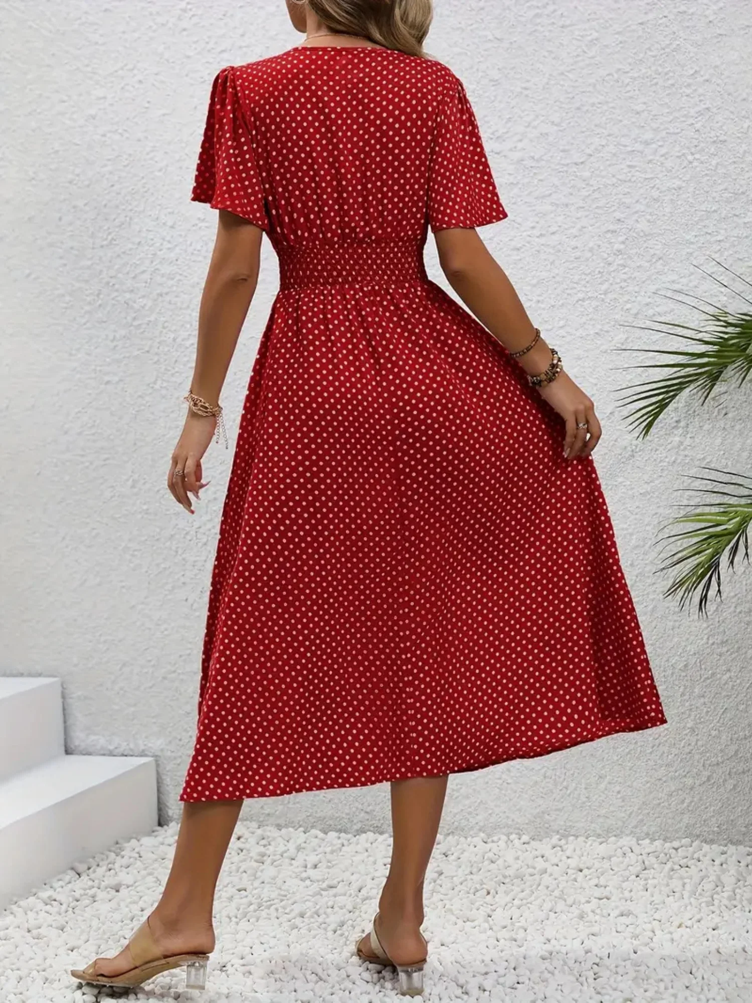Polka Dots V-neck Waist Shaping Short Sleeves Maxi Dresses - Image 4