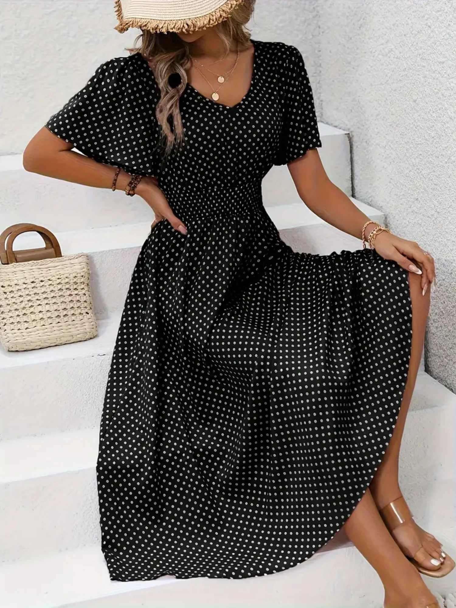 Polka Dots V-neck Waist Shaping Short Sleeves Maxi Dresses - Image 6