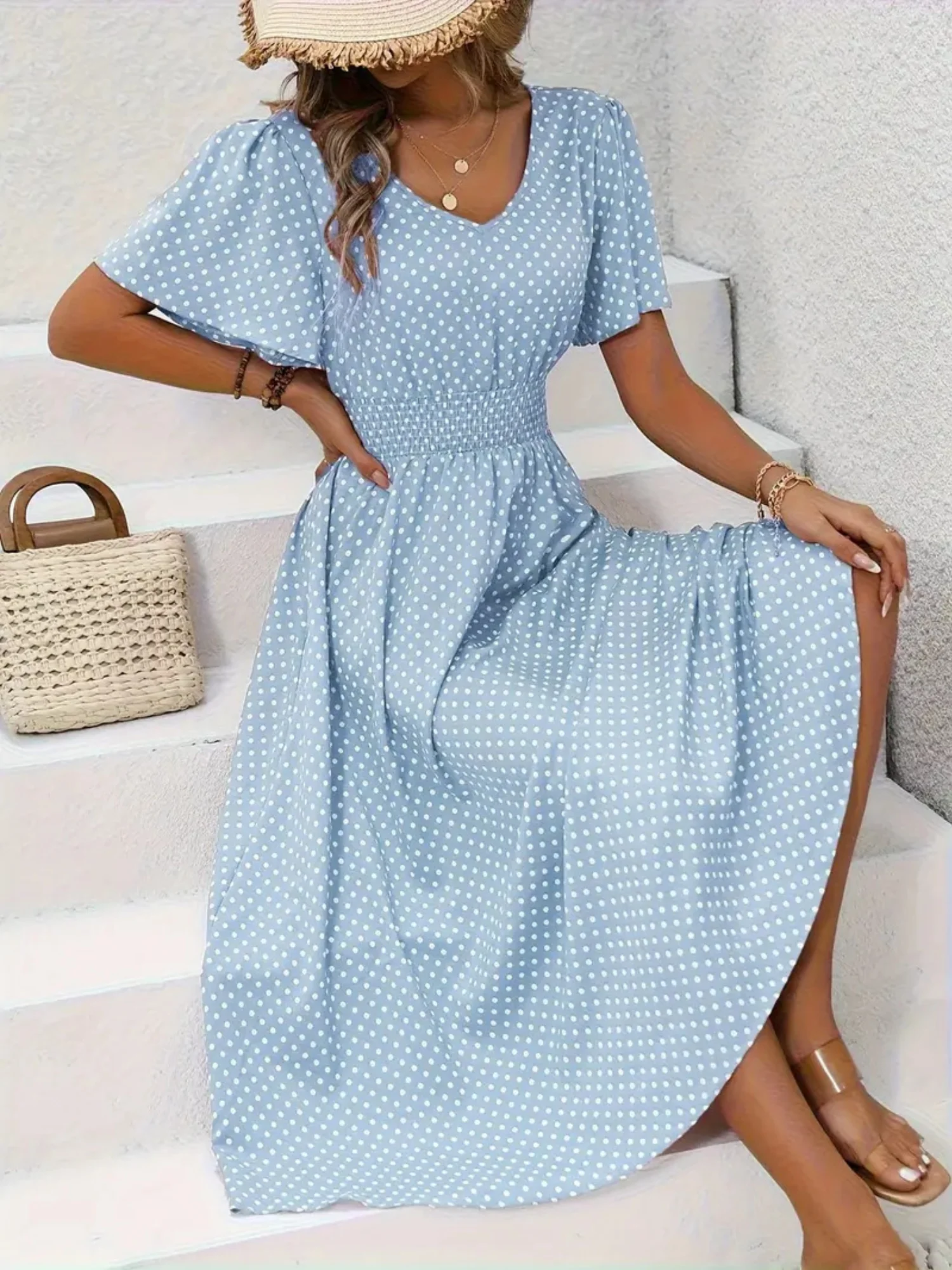 Polka Dots V-neck Waist Shaping Short Sleeves Maxi Dresses - Image 7