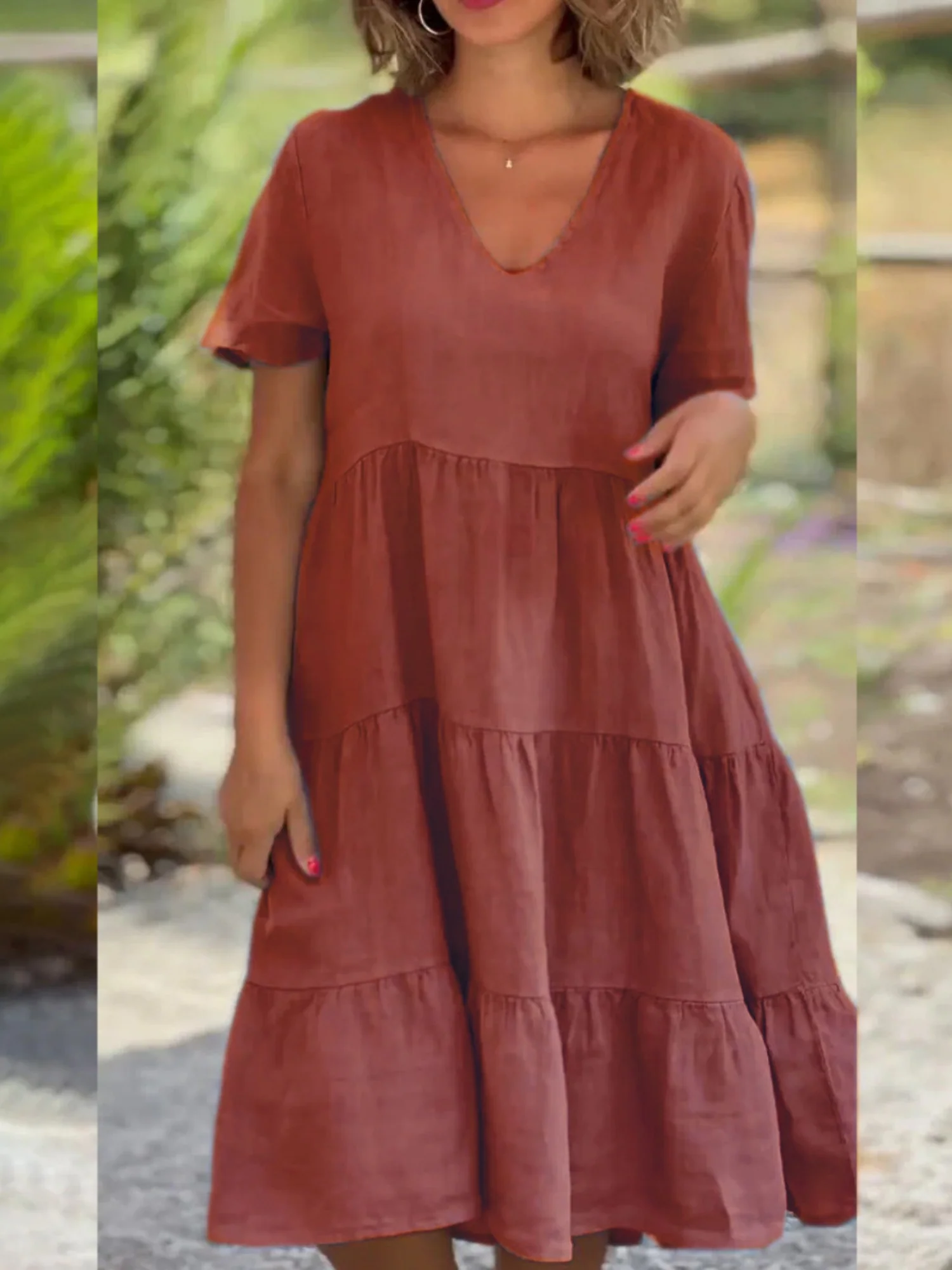 V-neck Large Skirt Short Sleeves Mini&Short Dresses - Image 5
