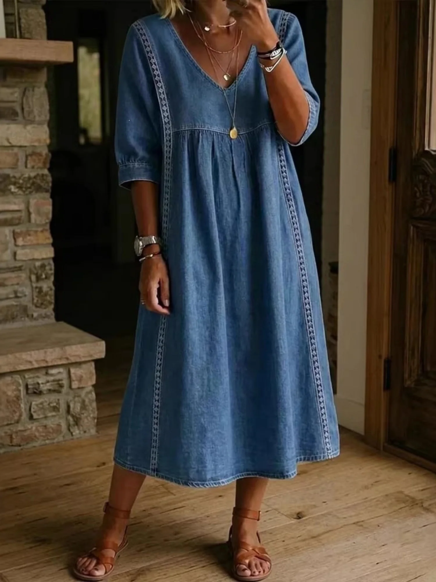 Lace Trim Linen Cotton V-neck Maxi Dresses - Image 10