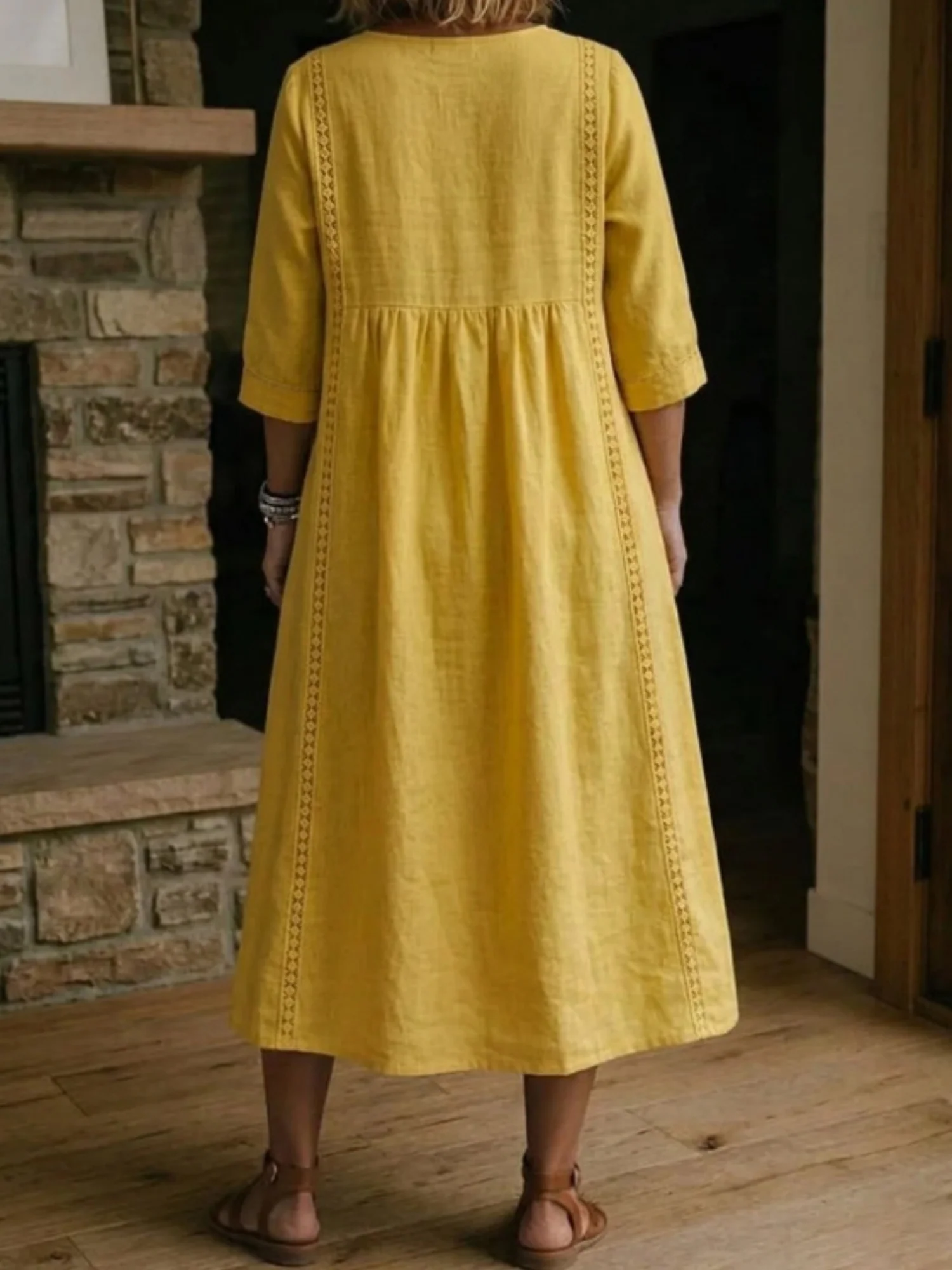 Lace Trim Linen Cotton V-neck Maxi Dresses - Image 2