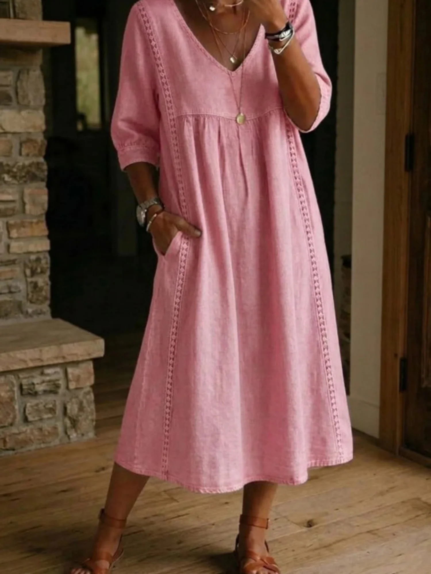 Lace Trim Linen Cotton V-neck Maxi Dresses - Image 3