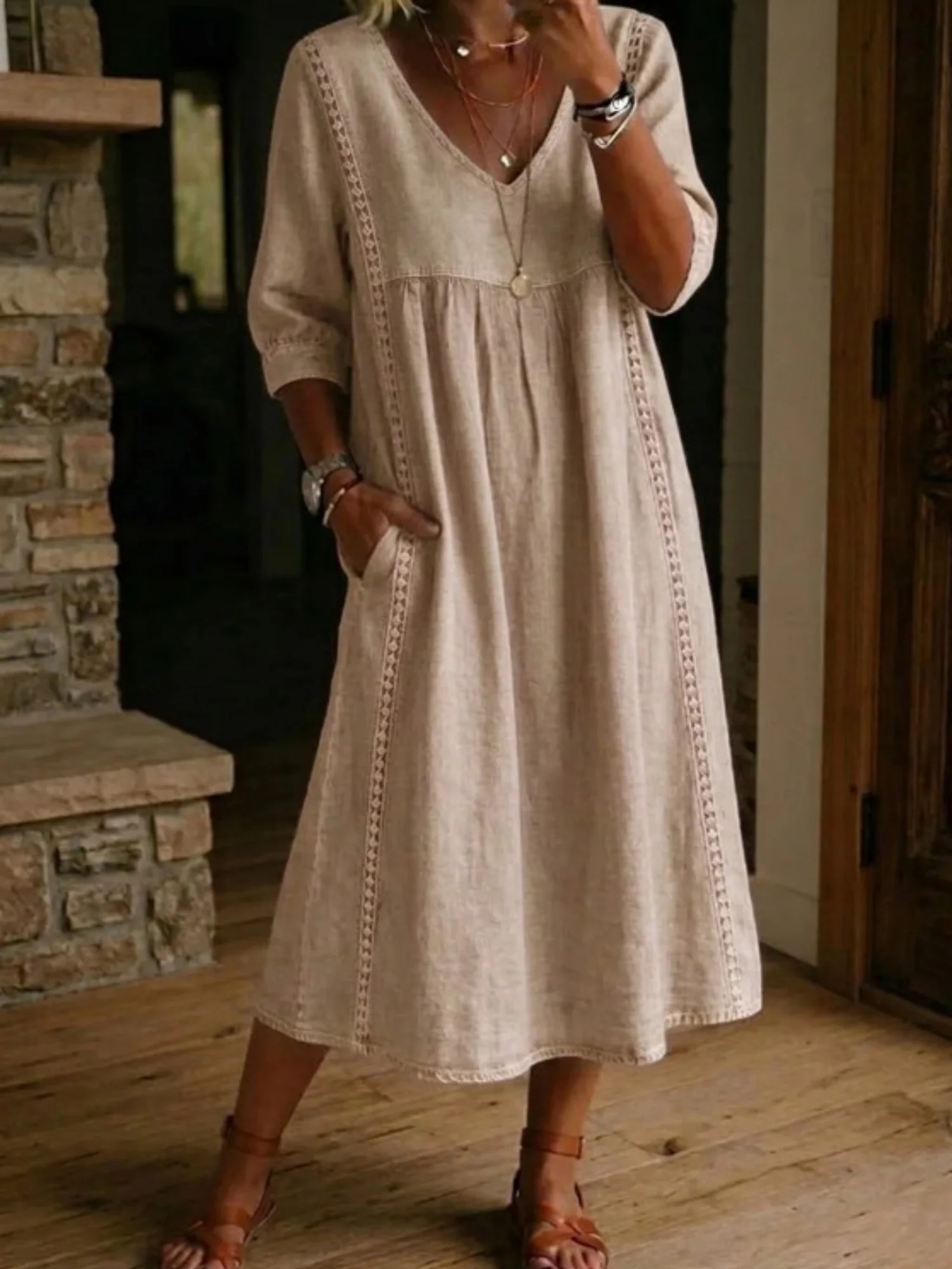Lace Trim Linen Cotton V-neck Maxi Dresses - Image 4