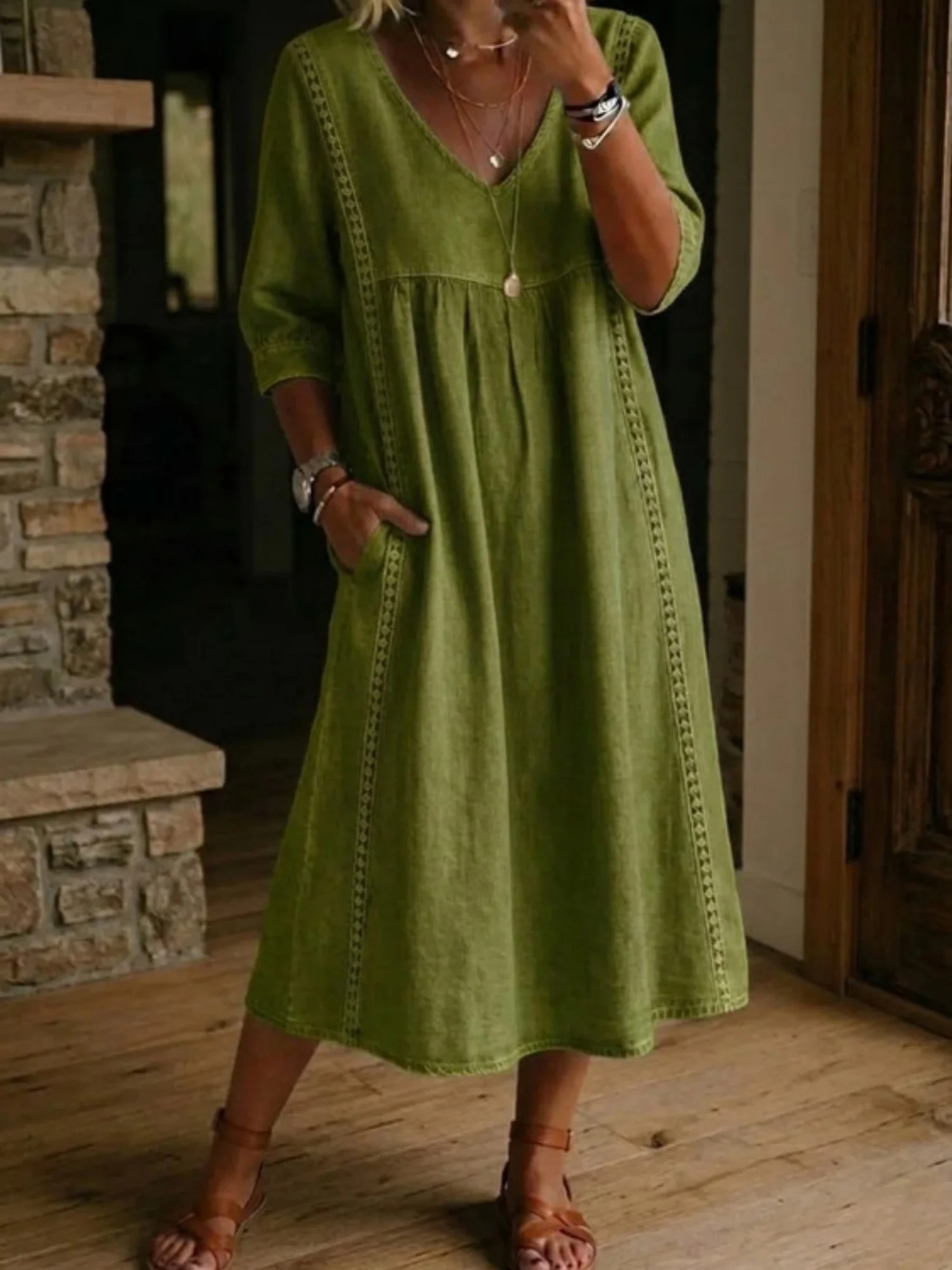 Lace Trim Linen Cotton V-neck Maxi Dresses - Image 5