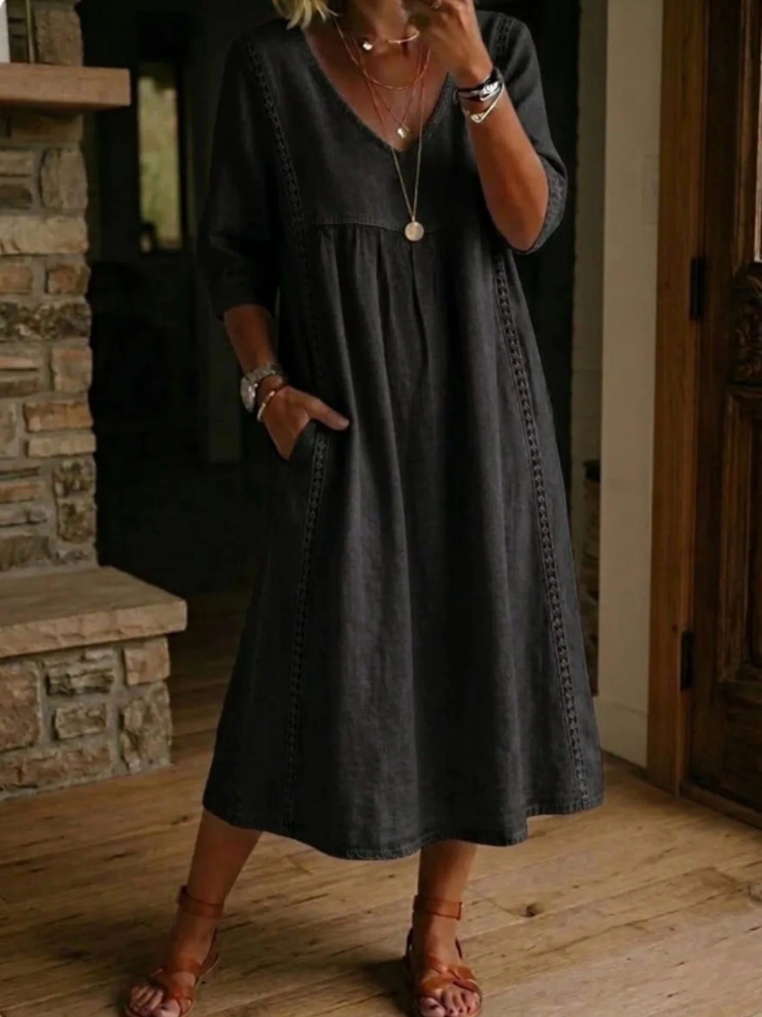 Lace Trim Linen Cotton V-neck Maxi Dresses - Image 6