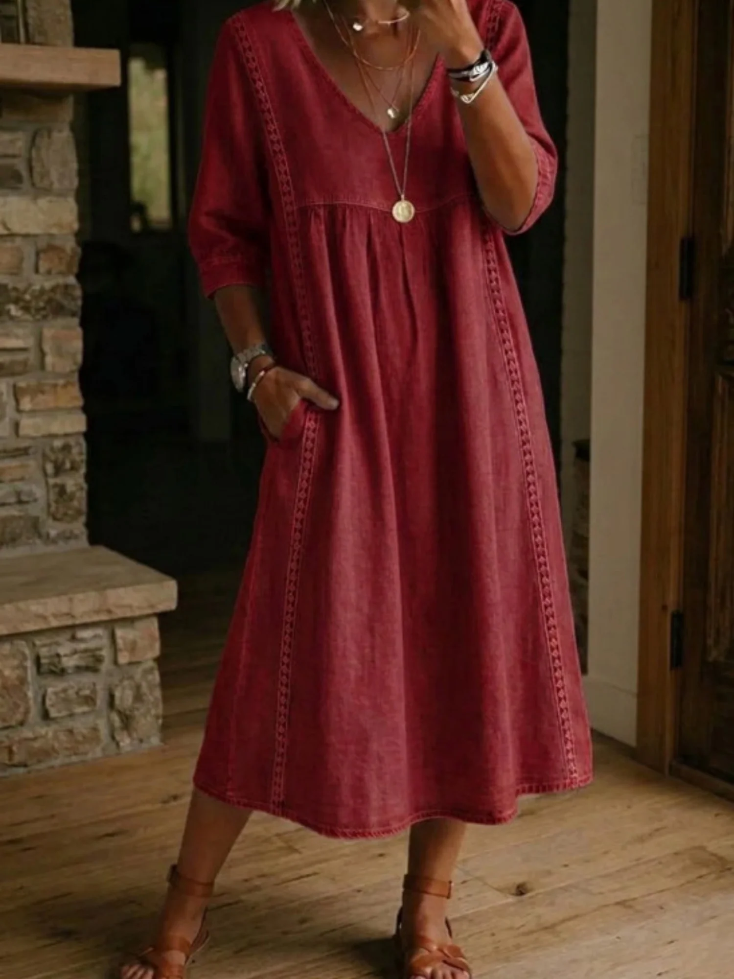 Lace Trim Linen Cotton V-neck Maxi Dresses - Image 7